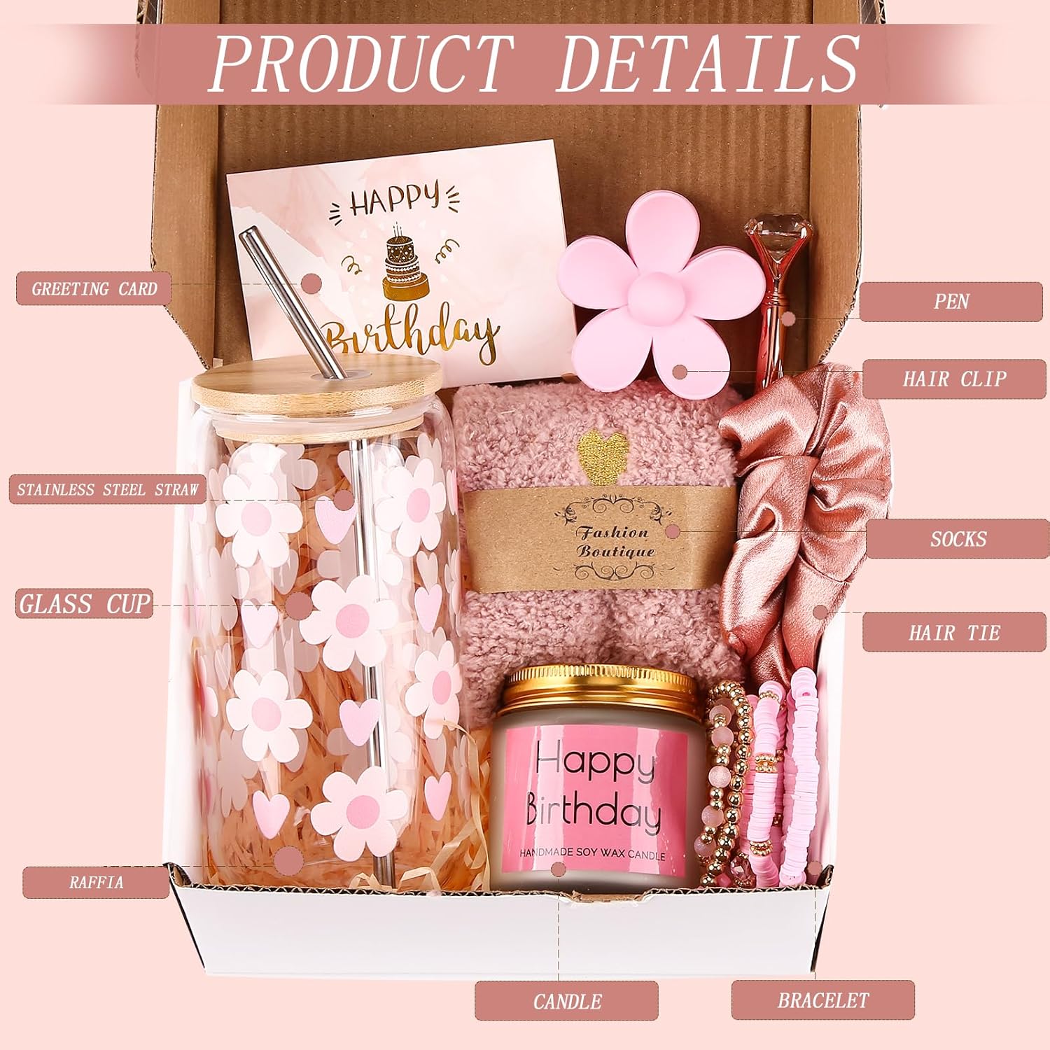 DHQH Birthday Gifts for Teen, Cute Inspirational Gift Daisy Presents Set Ideas for Sister Daughter Friends, Happy Birthday Gift Basket with Ice Glass Cup for Her (Pink) - Image 3