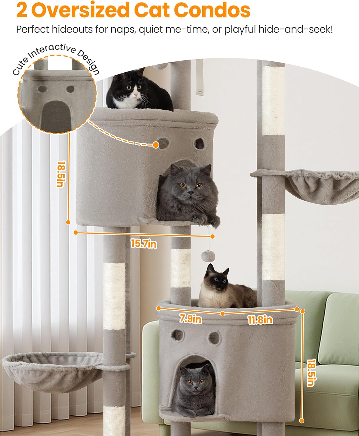 Extra Large Cat Tree, 84 Inch XXL Giant Cat Tower for Indoor Cats Large Adult 20lb+, Multi-Level Cat Climbing Condo with 5 Scratching Posts, 3 Wide Platform Perches, 2 Baskets, 2 Cat Caves, Light Grey - Image 3