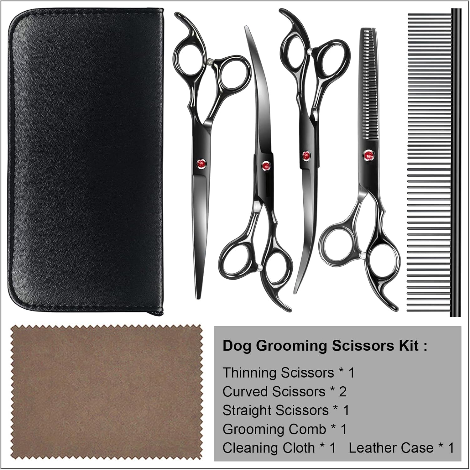 Professional Dog Grooming Scissors Kit Black 6 in 1, Dog Shears for Grooming 6CR Premium Stainless Steel Grooming Scissors Kit for Dogs Cat Pet - Image 7