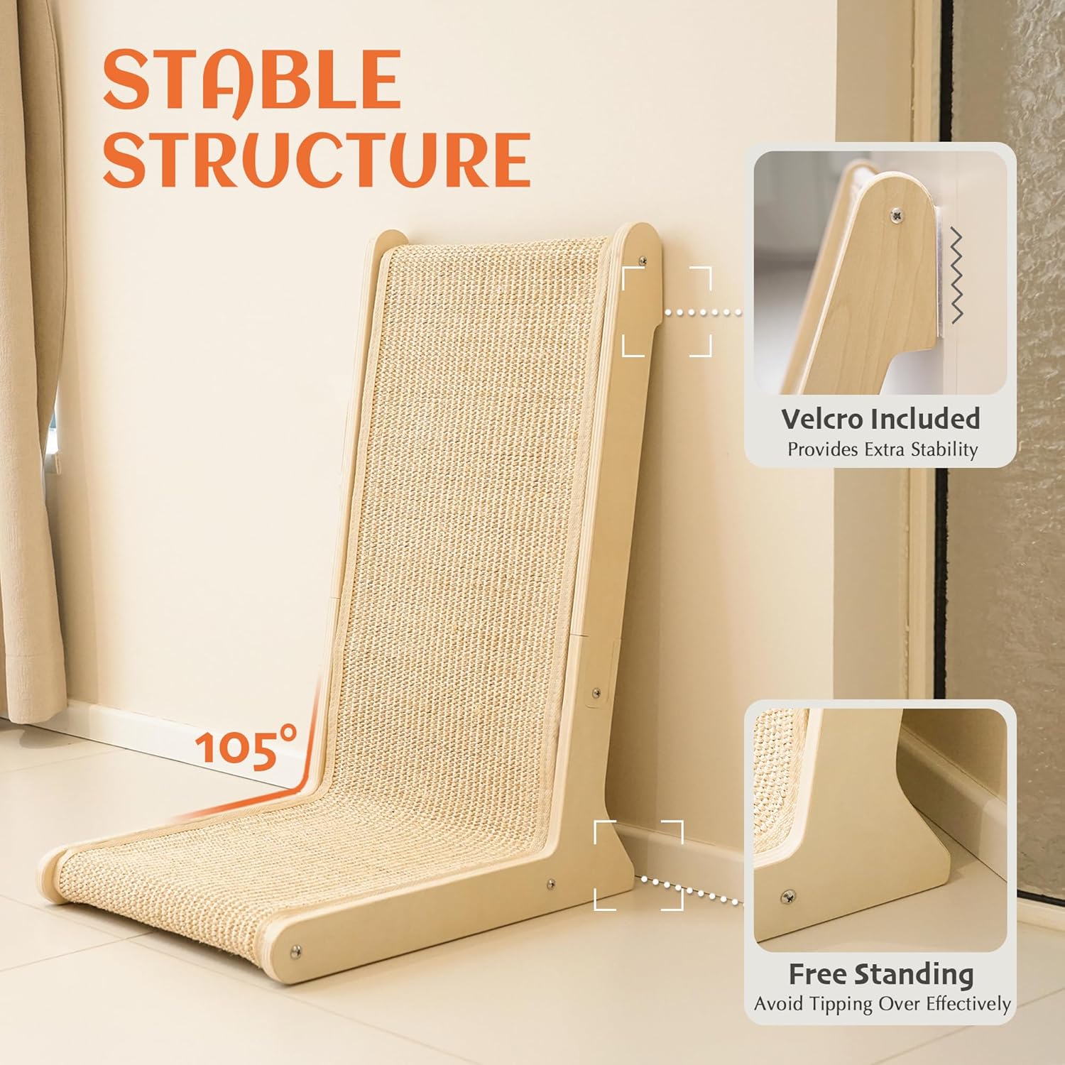 PETKARAY 105° Sisal Cat Scratcher, Sisal Scratch Pad for Indoor Cats, L Shape Kitten Scratching Board, Sturdy Floor Mounted Scratcher with Catnip - Image 5