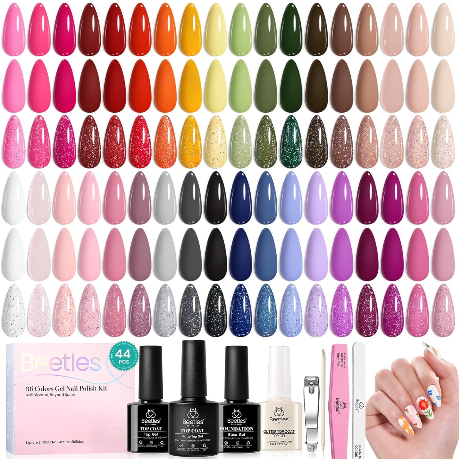 beetles 44pcs Gel Nail Polish Set - 36 Colors Colorful Muse Gel Polish Kit Pink Nude Red Yellow Green Black White Glitter Nail Kit Base Top Coat UV LED Needed Salon DIY Home Gift for Women
