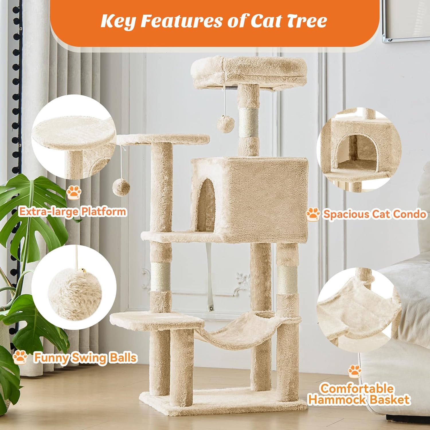 Sweetcrispy 44 Inch Cat Tree Tower, Cat Climbing Tower with Natural Sisal Scratching Posts, Hammock, Pet Condo for Indoor Cats and Kittens Play, Beige - Image 3