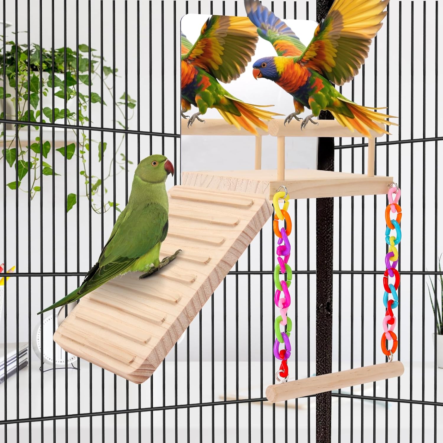 KyoukiBird Perch Platform Bird Toys with Bird Mirror Climbing Ladder Swing, Parakeet Cage Accessories - for Cockatiels, Lovebirds, Budgies,Pacific Parrotlets,Finch,Canaries - Wooden Play Gym - Image 4
