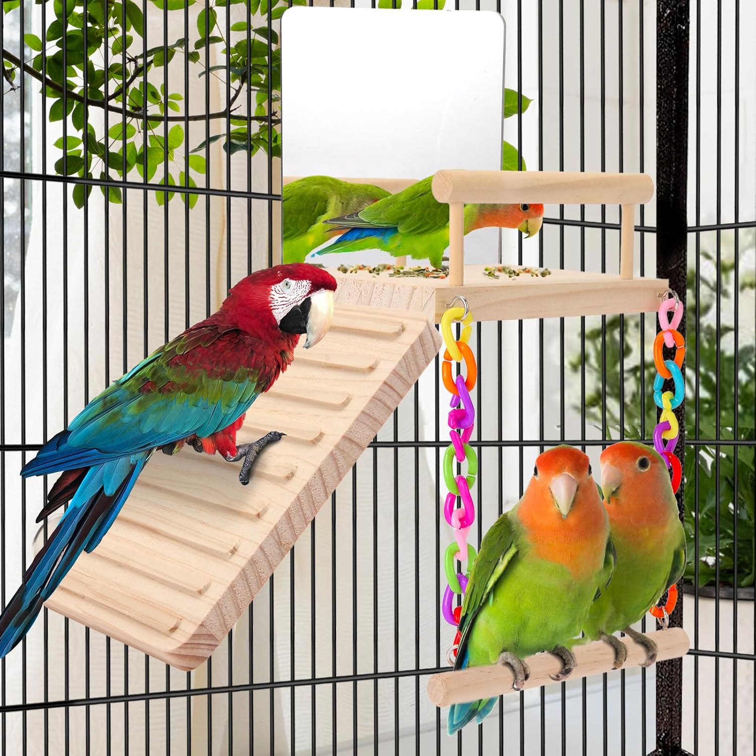 KyoukiBird Perch Platform Bird Toys with Bird Mirror Climbing Ladder Swing, Parakeet Cage Accessories - for Cockatiels, Lovebirds, Budgies,Pacific Parrotlets,Finch,Canaries - Wooden Play Gym - Image 5