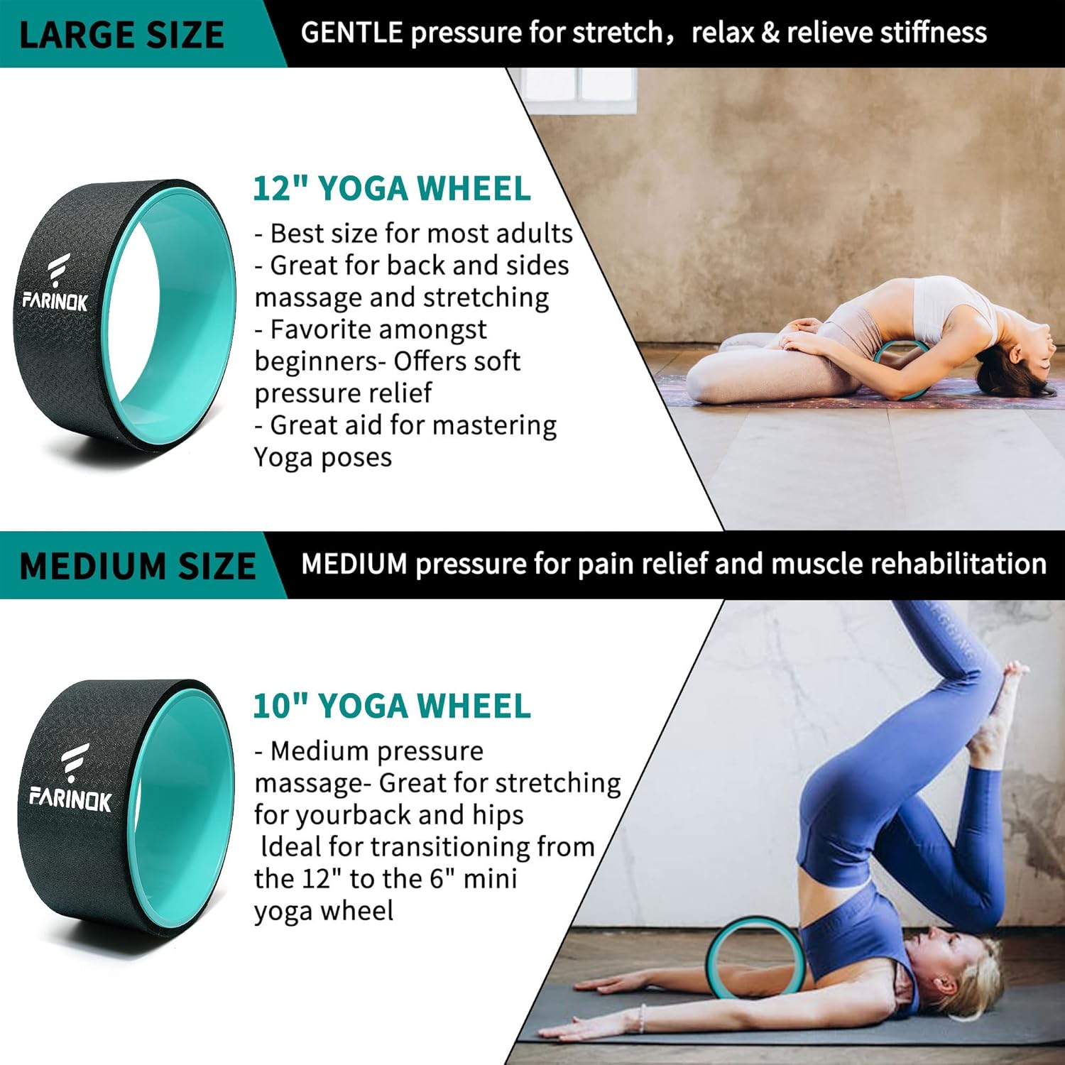 Yoga Wheel Set of 3+1, Upgraded 10MM Thick Back Wheels for Pain Relief & Stretching, Strongest Back Roller for Deep Tissue Massage, Improving Yoga Poses Backbend - Image 5