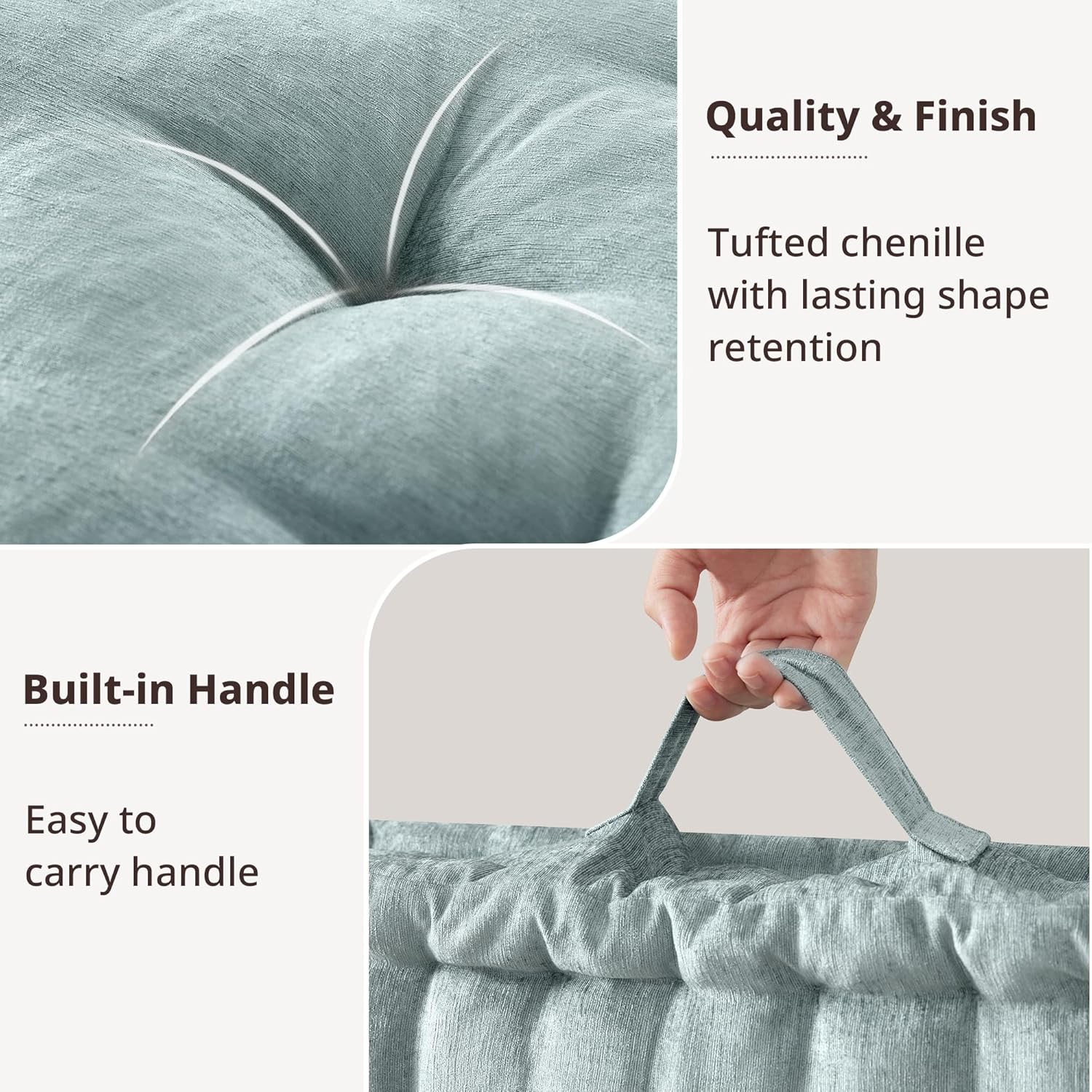Intelligent Design Large Floor Pillow for Adults Yoga or Meditation Cushion with Handle, Floor Cushion for Board Games, Lustrous Chenille Tufted, Handsewn Scalloped Edge, Azza, 24" x 24" x 5" Aqua - Image 3