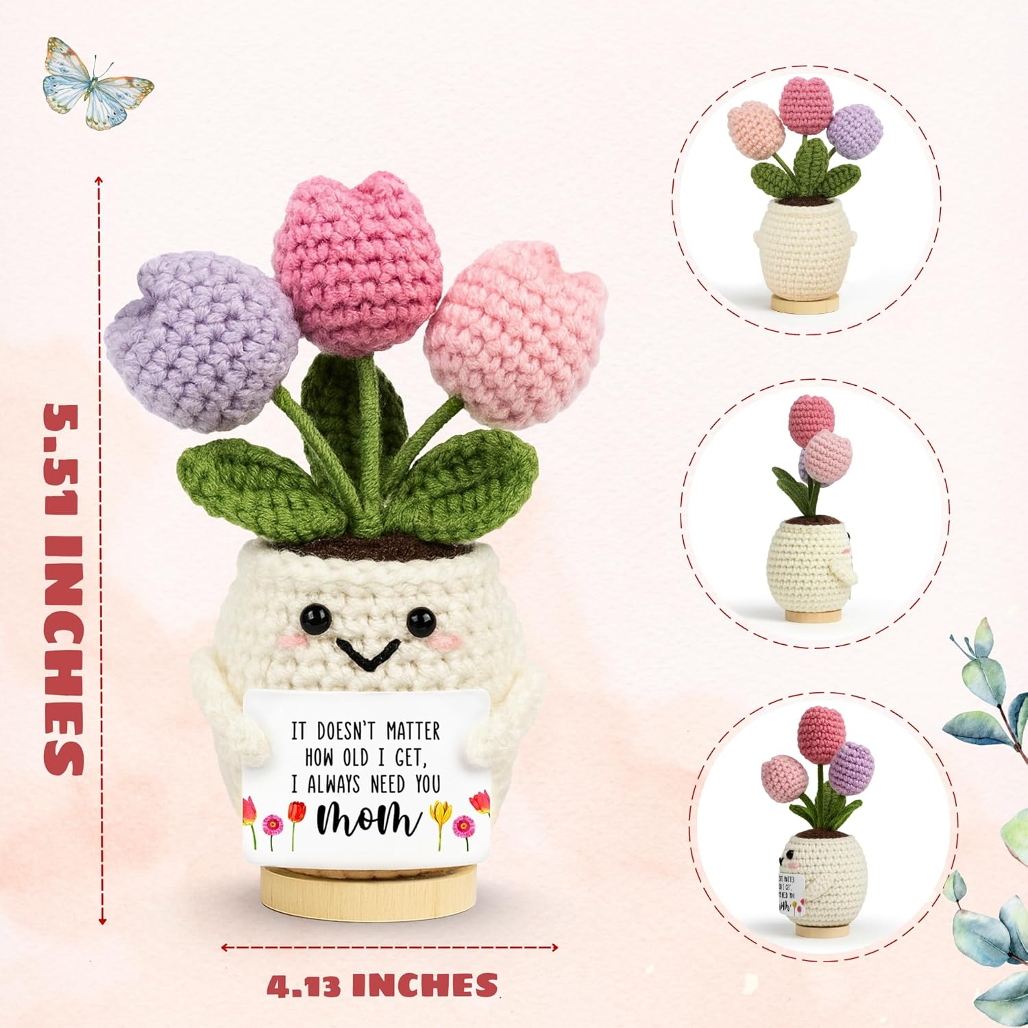 Gifts for Mom from Daughter Son - Cute Mothers Day, Birthday Gifts for Moms, Mother, Mama - 5.51'' x 4.13'' Mother's Day Knitted Positive Tulip Flowers Mom Crochet Doll - Image 3