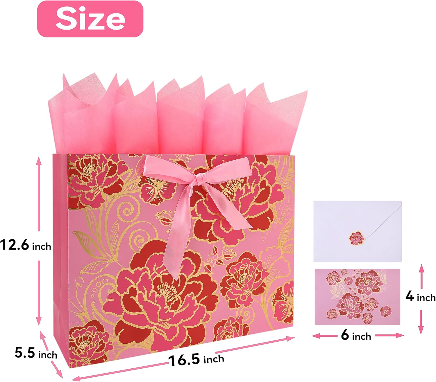 16.5" Extra Large Rose Pink Gift Bag Set with Greeting Card and Tissue Paper(Foil Traced Flowers) for Celebrating Birthdays, Mother's Day, Valentine's Day, Weddings, Anniversary - 16.5”x5.5”x12.6”, 1 Pcs. - Image 2