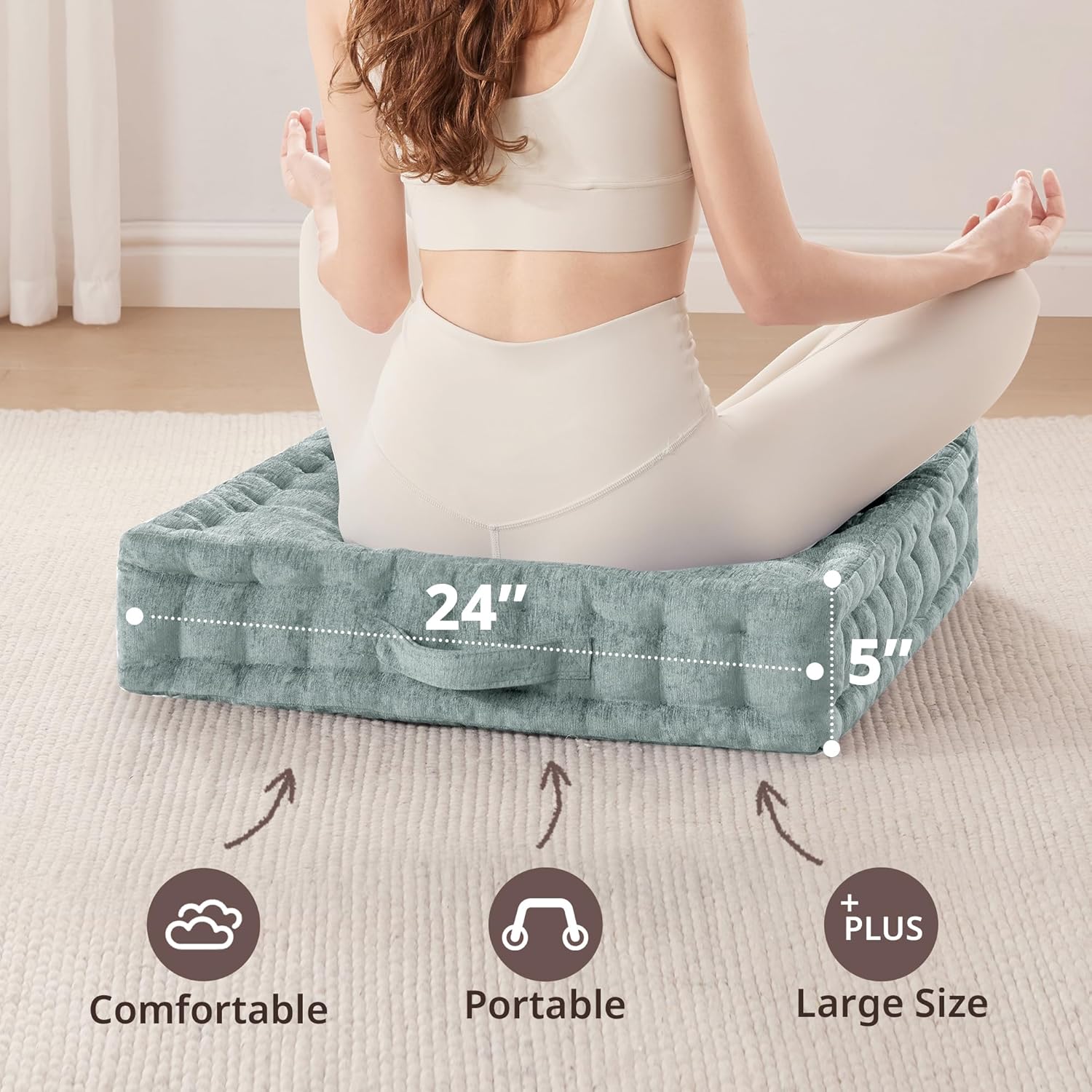 Intelligent Design Large Floor Pillow for Adults Yoga or Meditation Cushion with Handle, Floor Cushion for Board Games, Lustrous Chenille Tufted, Handsewn Scalloped Edge, Azza, 24" x 24" x 5" Aqua - Image 4