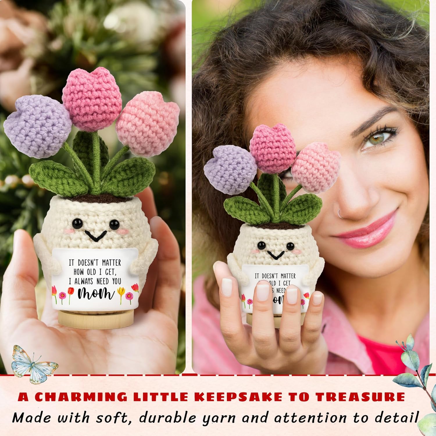 Gifts for Mom from Daughter Son - Cute Mothers Day, Birthday Gifts for Moms, Mother, Mama - 5.51'' x 4.13'' Mother's Day Knitted Positive Tulip Flowers Mom Crochet Doll - Image 7