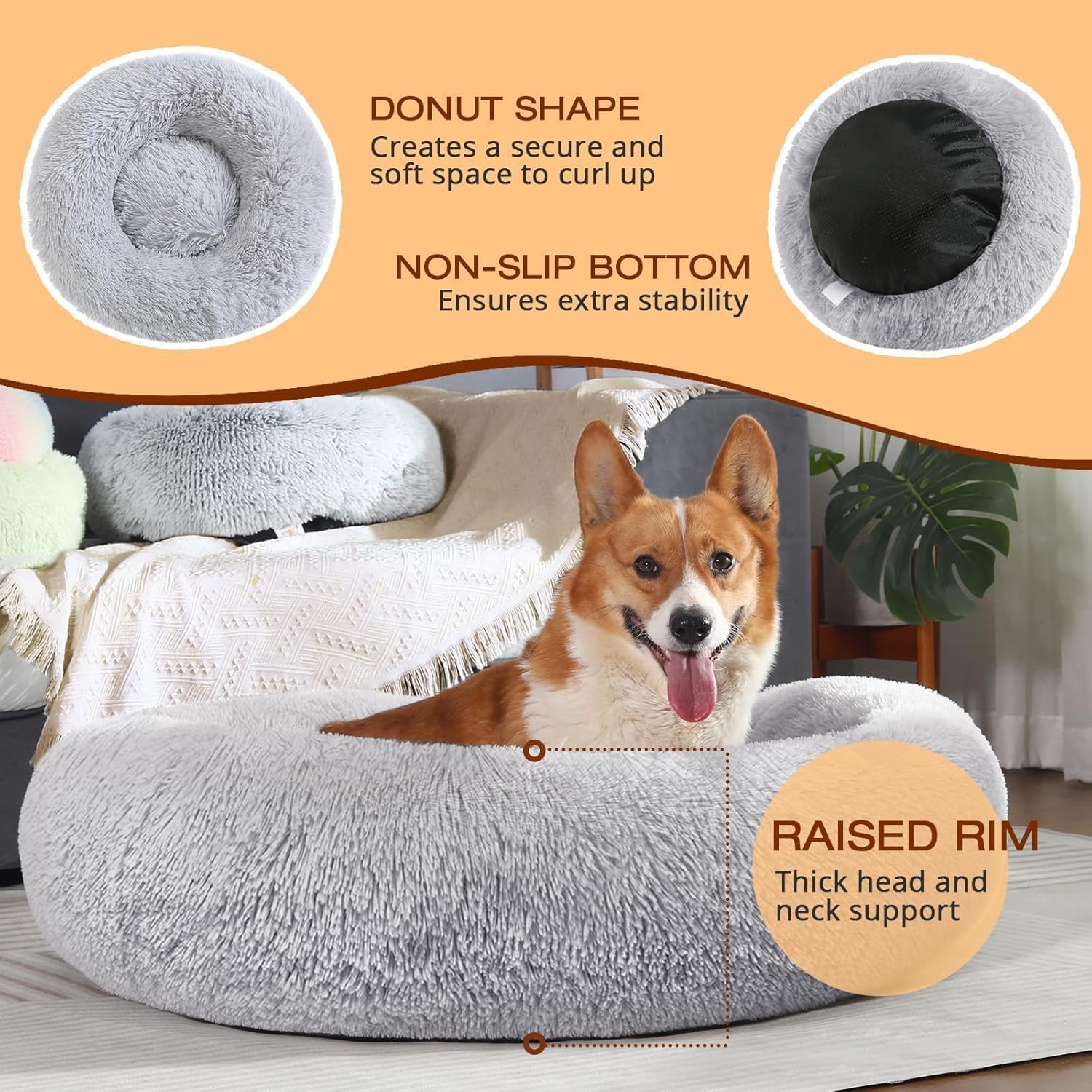 JOLLYVOGUE Small Dog Bed, Calming Soft Anti-Anxiety Donut Cat Bed, Washable Round Fluffy Cushion for Small and Medium Pets (20") - Image 5