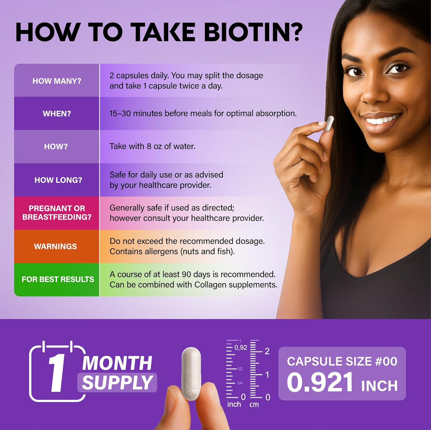 NUTRAHARMONY Biotin | Collagen | Hyaluronic Acid | Keratin - Support Normal Hair Growth Cycle - Skin & Nails - 25000mcg Vitamins B1, B2, B3, B6 & B7 - for Women & Men - Made in USA | 60 Capsules - Image 6