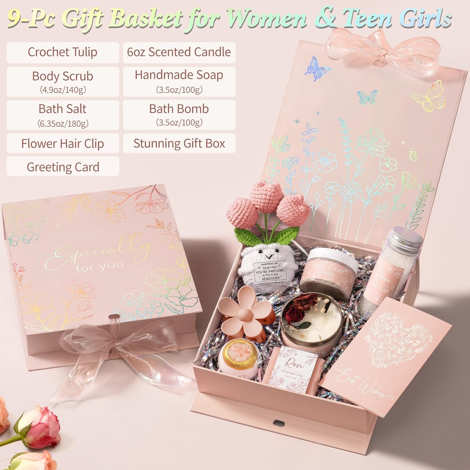 Spa Gifts for Women Bath Gift Set, Rose Relaxing Spa Gift Baskets Home Bath Set Self Care Kit Care Package Thank You Birthday Easter Gifts Basket for Women Her Mom Sister Friends Teen Girls Wife - Image 2
