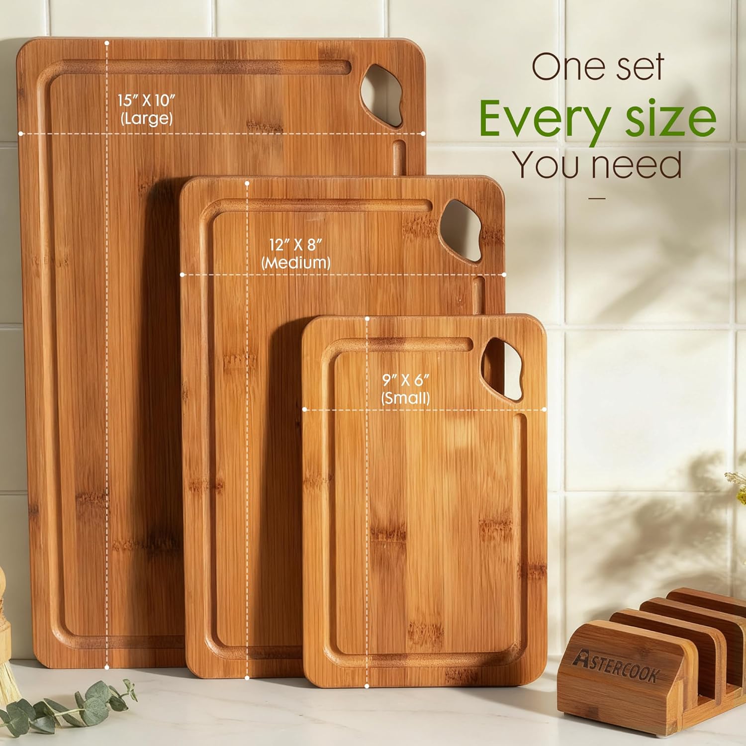 Astercook Deep-Carbonized Bamboo Cutting Boards for Kitchen with Wood Storage Stand, Reversible Charcuterie & Chopping Boards with Juice Grooves and Easy-Grip Handles, Knife-Friendly, Kitchen Gift - Image 8