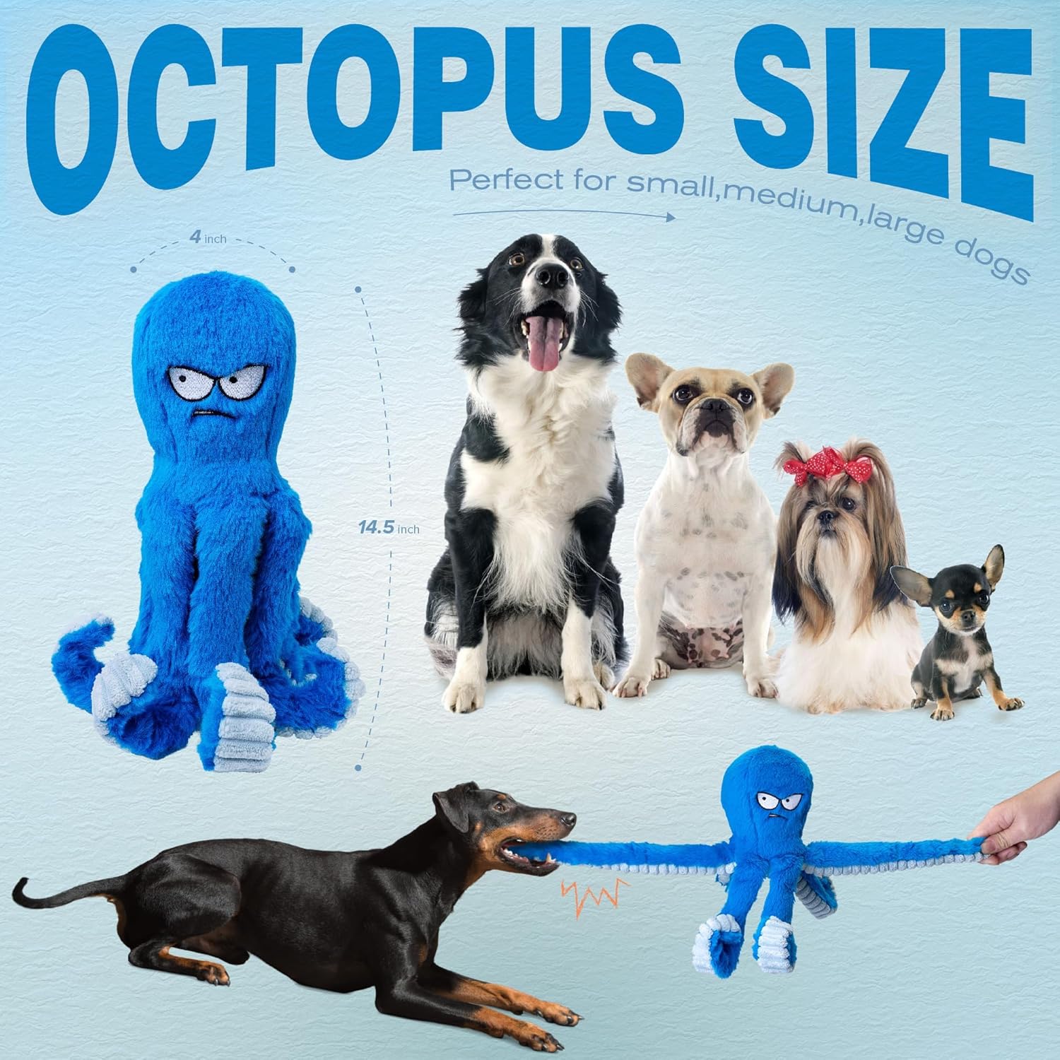 LEGEND SANDY Tough Dog Toys, Stuffed Chew Large Dog Toys to Keep Them Busy, Interactive Squeaky Tug of War Doggie Toy, Crinkle Blue Octopus - Image 5