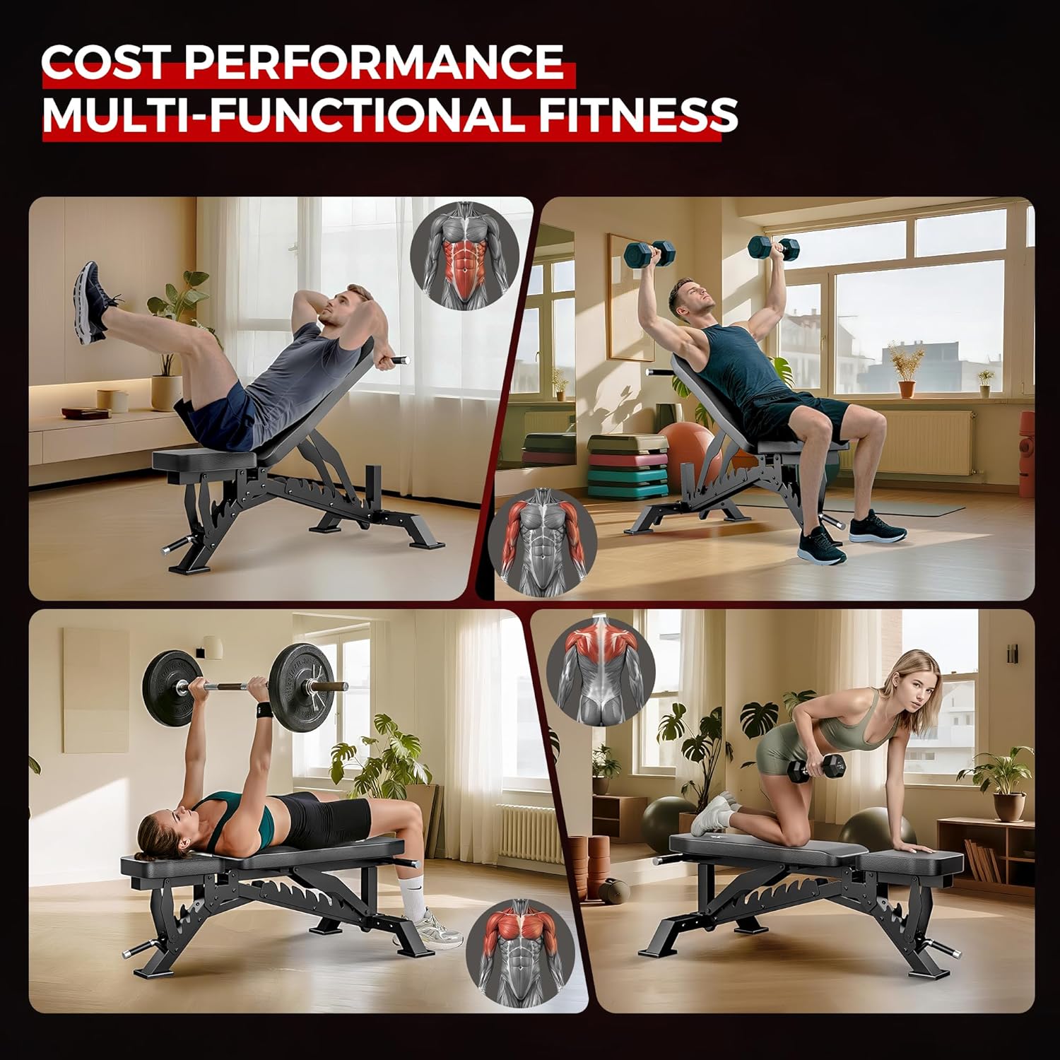Weight Bench, Adjustable Workout Bench for Home Gym Full Body Workout, 1300LBS Weight Capacity Bench Press, Flat/Incline Bench with 33" Extra-Long Backrest & Wheels - Image 6