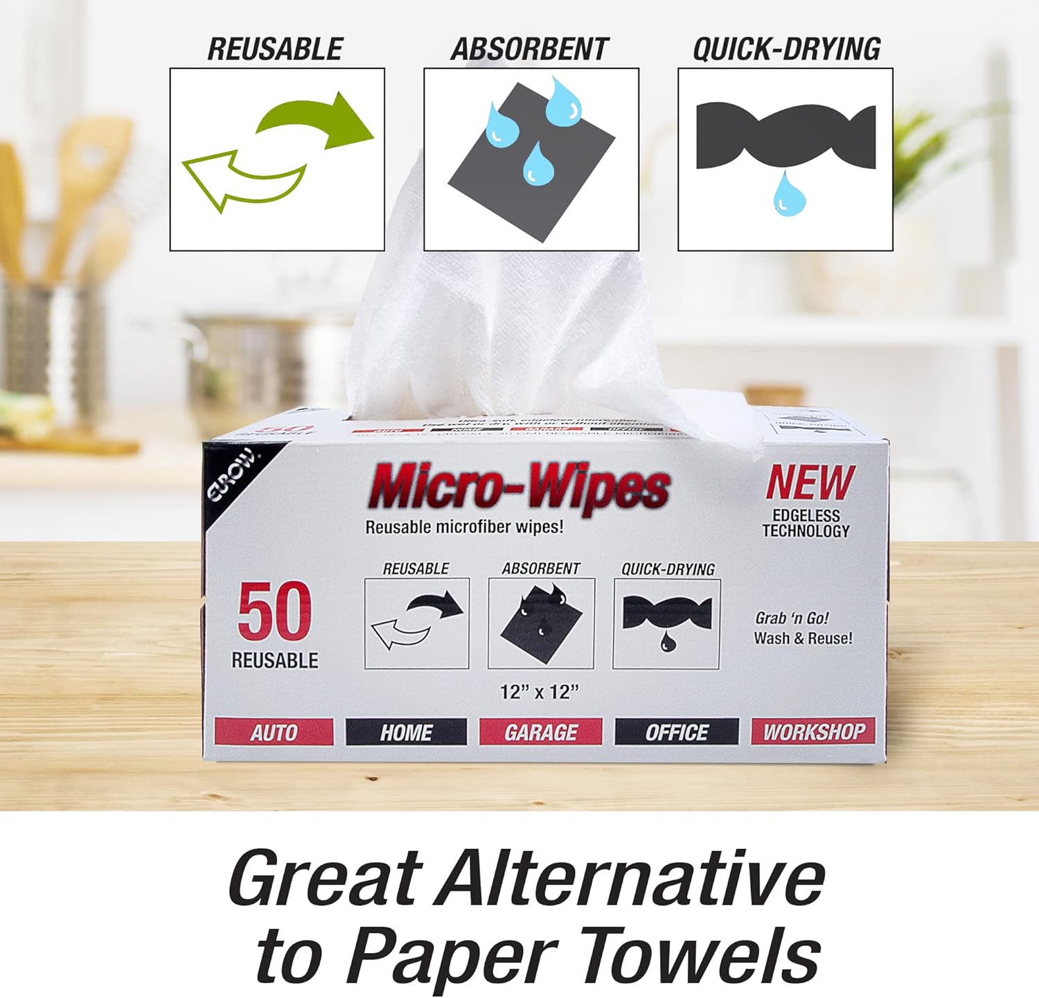 Eurow 200GSM Microfiber Cleaning and Drying Cloths with Dispenser Box, Reusable, Streak-Free, Scratch-Free, Ultra Absorbent, Edgeless for All Surface Types, 12x12in, 50-Pack, White - Image 4
