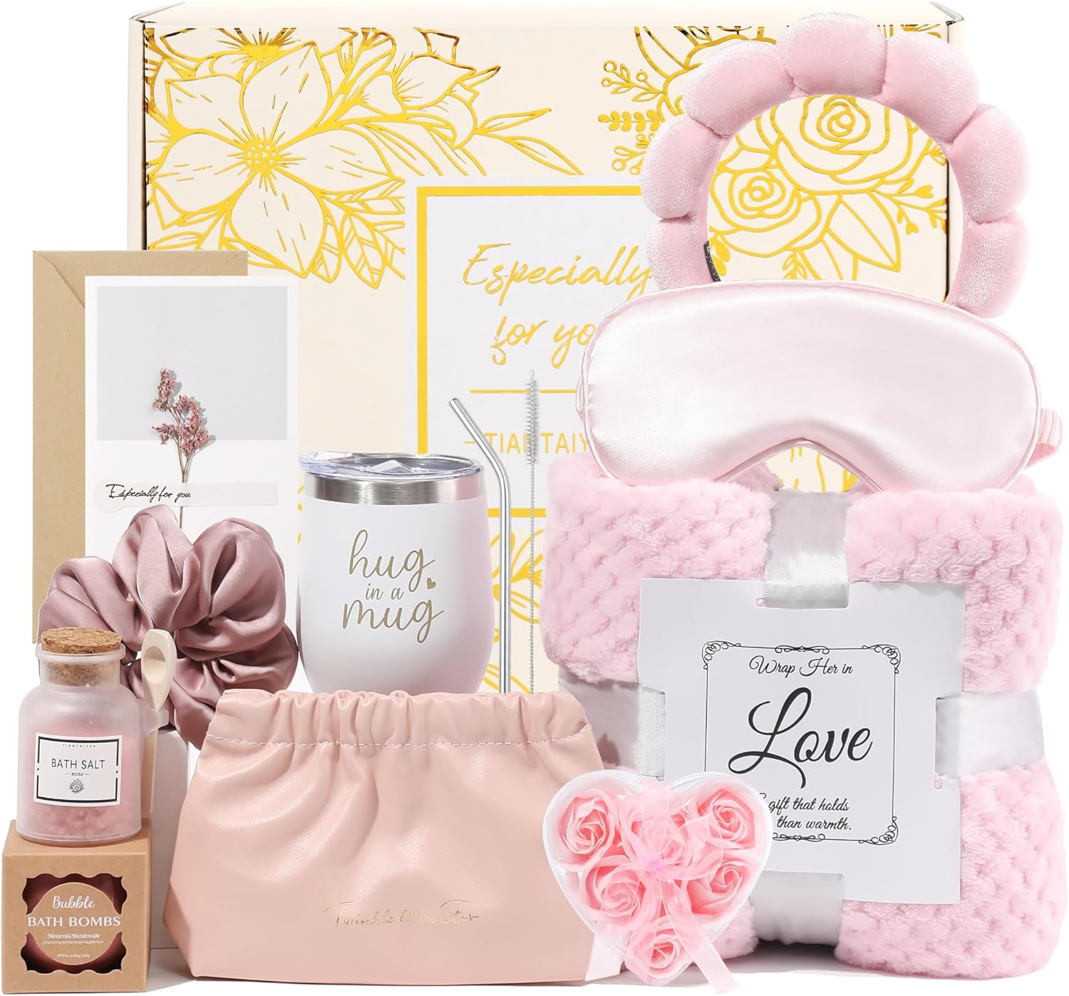 Pink 11pcs Self Care Gift Basket for Women Birthday Gifts Get Well Soon Care Package Hug in a Box Thinking of You Gift for Her Mom Sister Friend