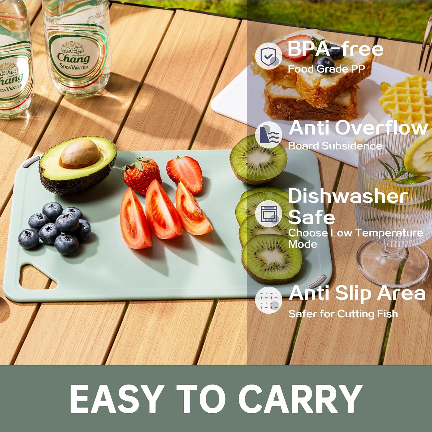 Plastic Cutting Board Set of 3-Cutting Boards for Kitchen BPA Free, Large-Small Chopping Boards Non-Slip for Cooking Camping Dishwasher Safe, Reversible, with Grip Handle, 15"×10"×0.6" Green - Image 3