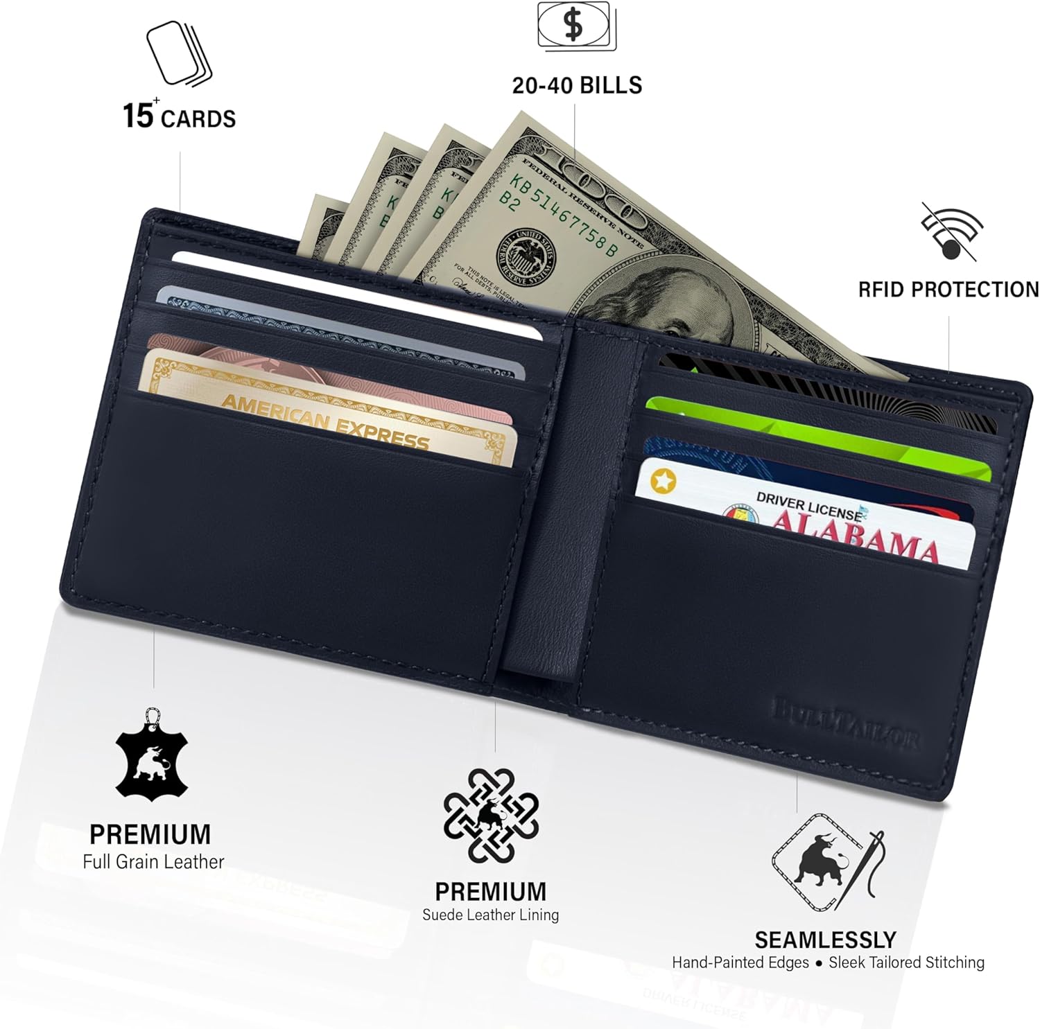 Full-Grain Leather Wallet for Men, Minimalist Slim Mens Bifold RFID Blocking Wallet with Cash Pocket, 8 Card Slots (Sapphire Navy) - Image 2