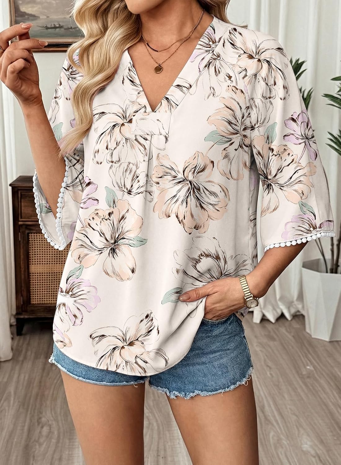 EVALESS Boho Summer Tops for Women Trendy 3/4 Length Sleeve Womens Tops Floral Print V Neck Blouses Spring 2026 Shirts - Image 3