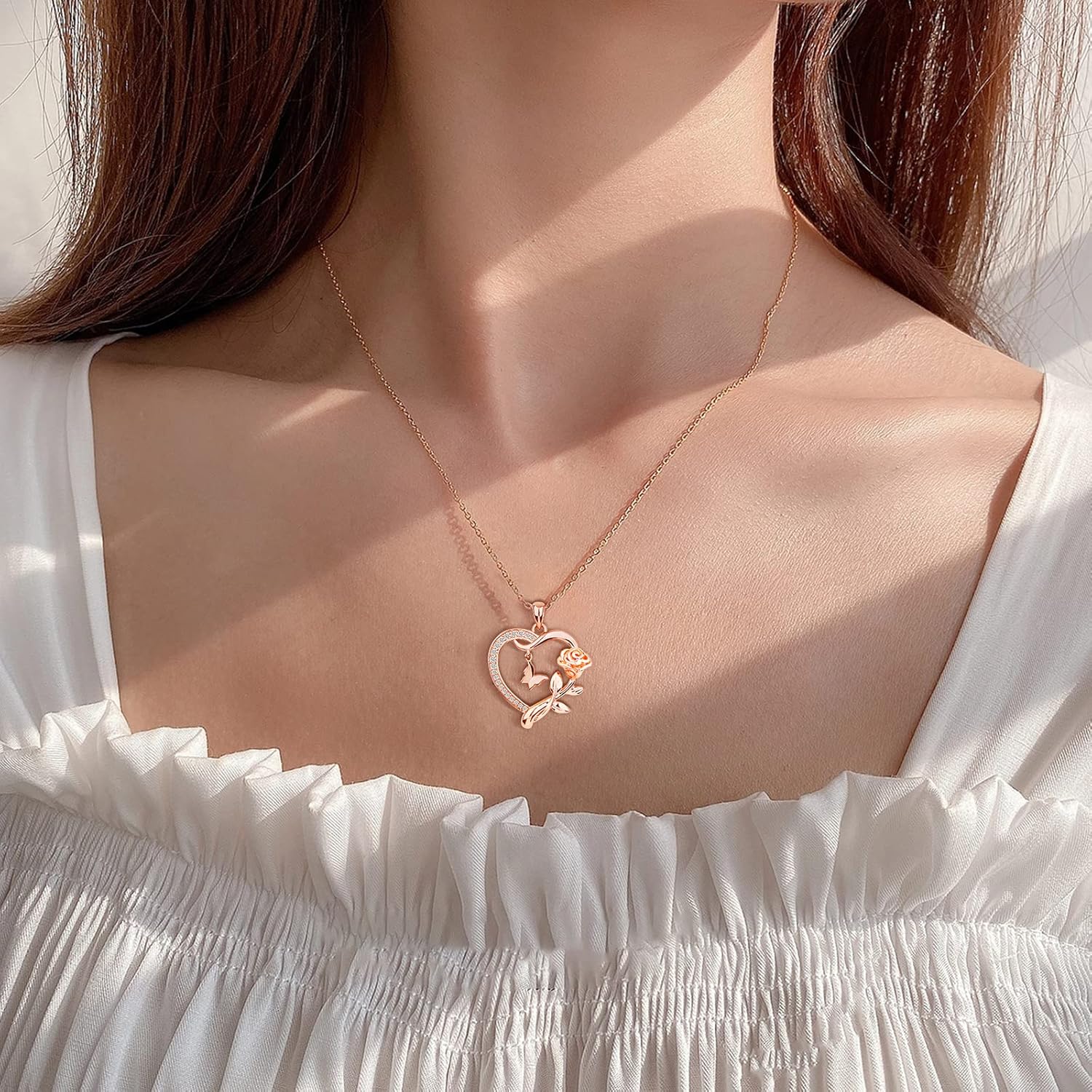 Heart Necklace for Women Sterling Silver/14k Gold Plated/Rose Gold CZ Romantic Rose and Butterfly Jewelry for women Birthday Valentine's Day Gift for Girls - Image 6