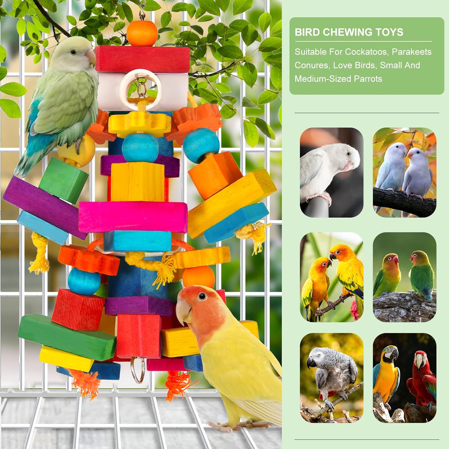 Kyouki Large Parrot Toy, Bird Toys for Cockatoos,Macaws, African Grey, Amazon Parrots,Conures, Lovebirds, Multicolored Natural Wooden Blocks Chewing Toys Bird Cage Accessories (Colorful) - Image 3