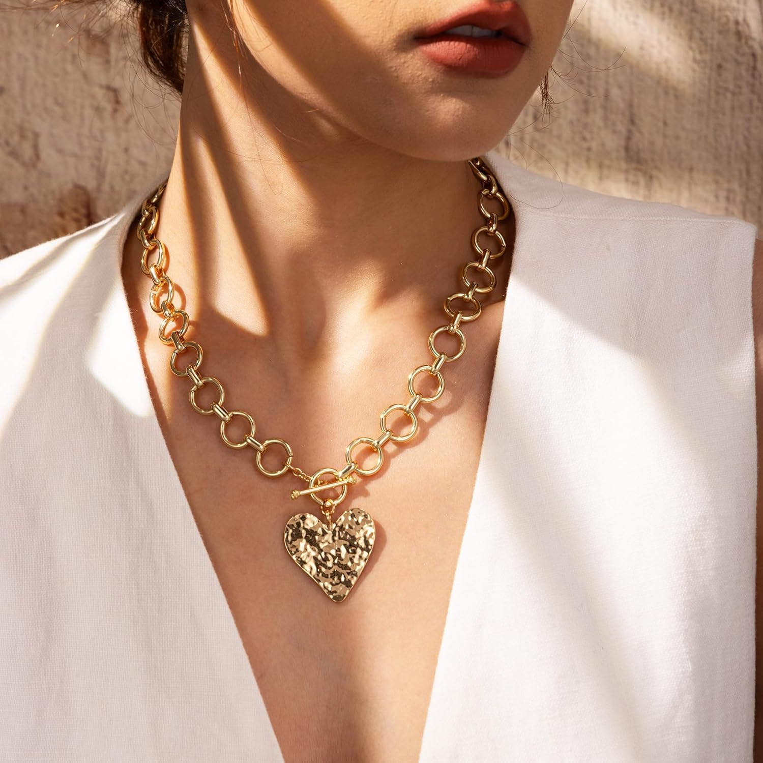 Chunky Gold Heart Necklace for Women,14K Gold Plated Chunky Heart Pendant Bold Chain Necklace with Toggle Clasp,Waterproof Non Tarnish Hypoallergenic Chunky Statement Jewelry Gift for Women - Image 2