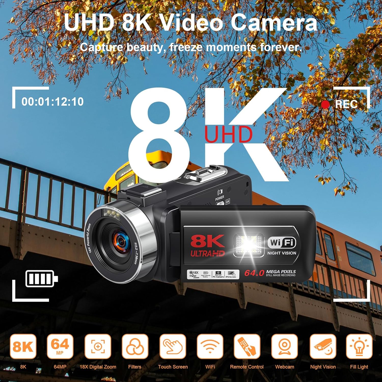8K 64MP Video Camera Camcorder IR Night Vision Vlogging Camera 18X Zoom WiFi Digital Camera for YouTube 3.0'' Touch Screen Camcorder with 64GB SD Card, 2 Batteries, Remote Control, Mic and Stabilizer - Image 2