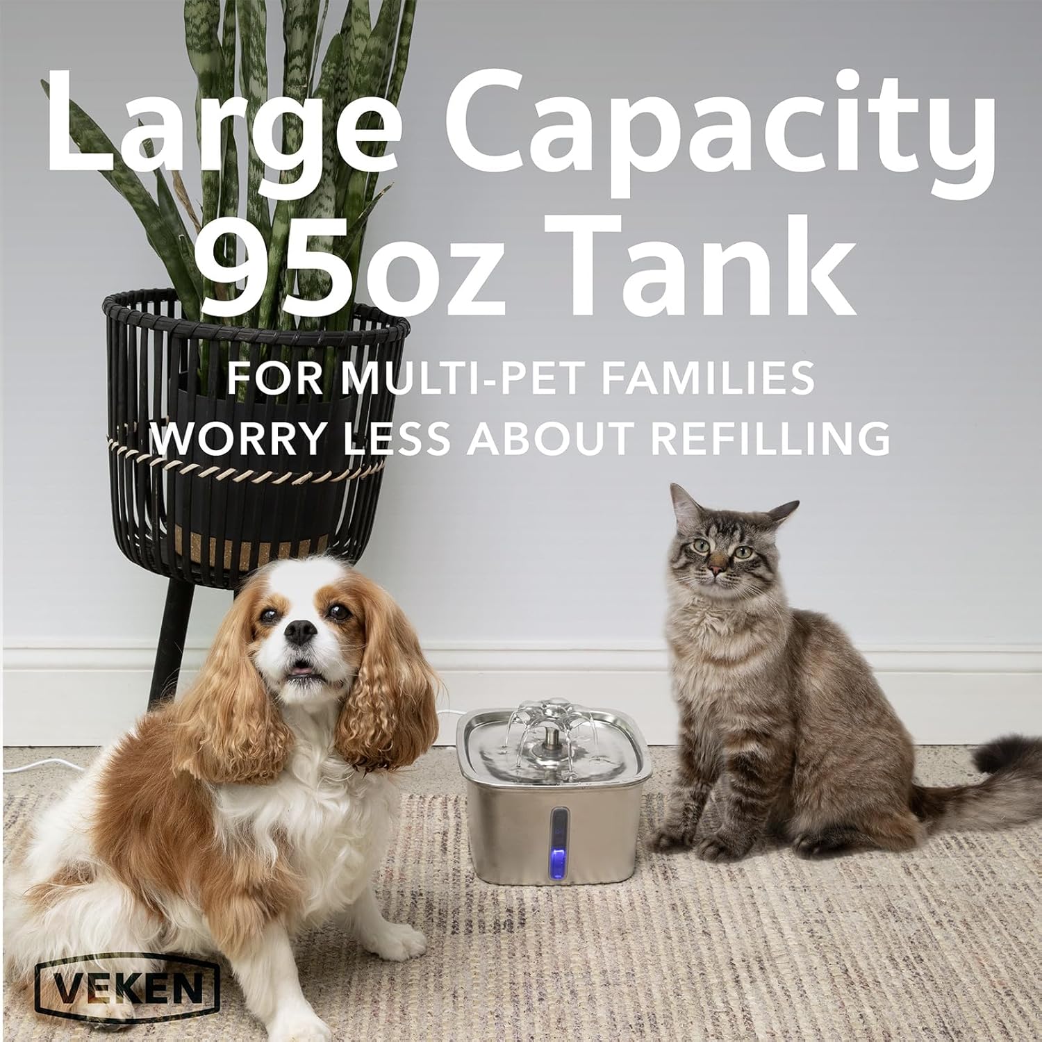 Veken Innovation Award Winner Stainless Steel Cat Water Fountain, 95oz/2.8L Automatic Pet Fountain Dog Water Dispenser with Replacement Filters & Silicone Mat, Gifts for Cats, Dogs (Silver) - Image 3