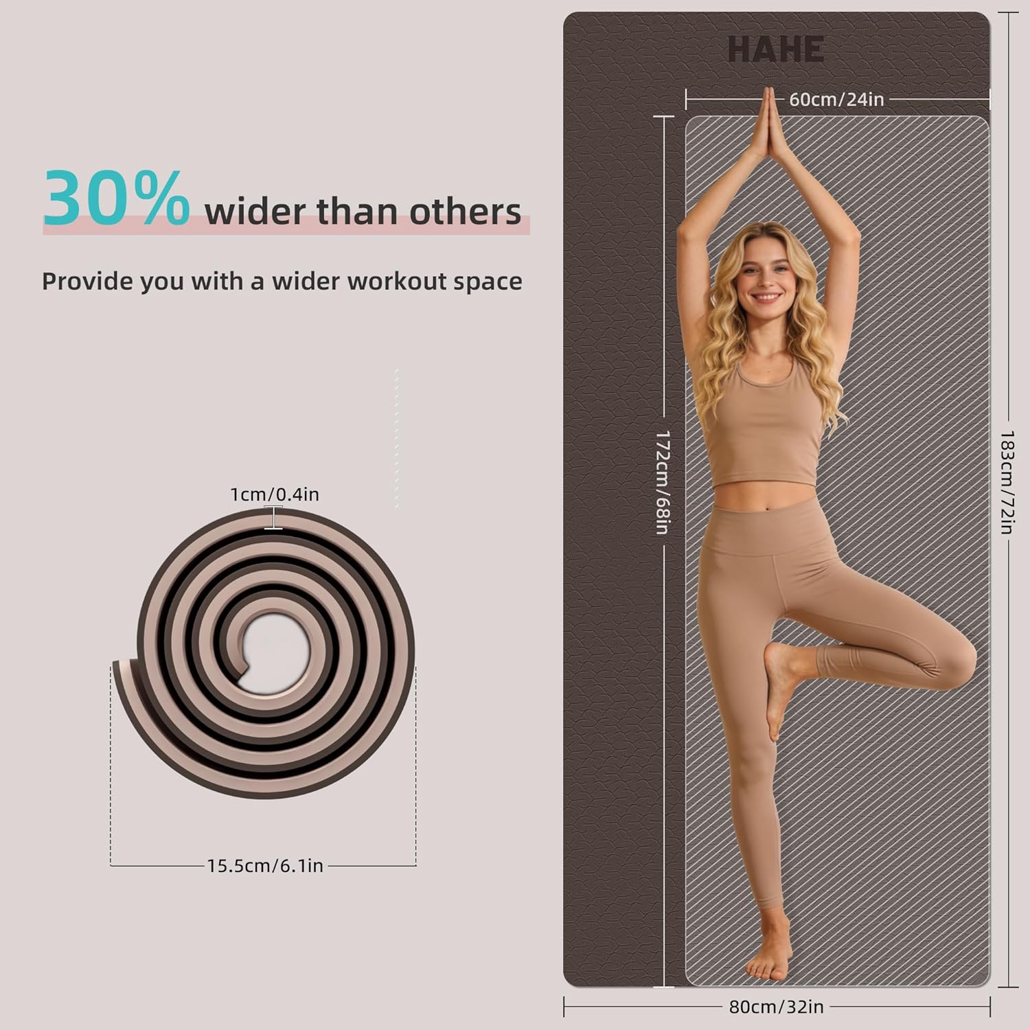 HAHE Yoga Mat Thick, 72"x32"x0.4"Th (10mm), Wide Non-Slip Exercise Mat with Carry Strap, Double-Sided POE Fitness Mat for Yoga, Pilates & Floor Workouts - Image 2