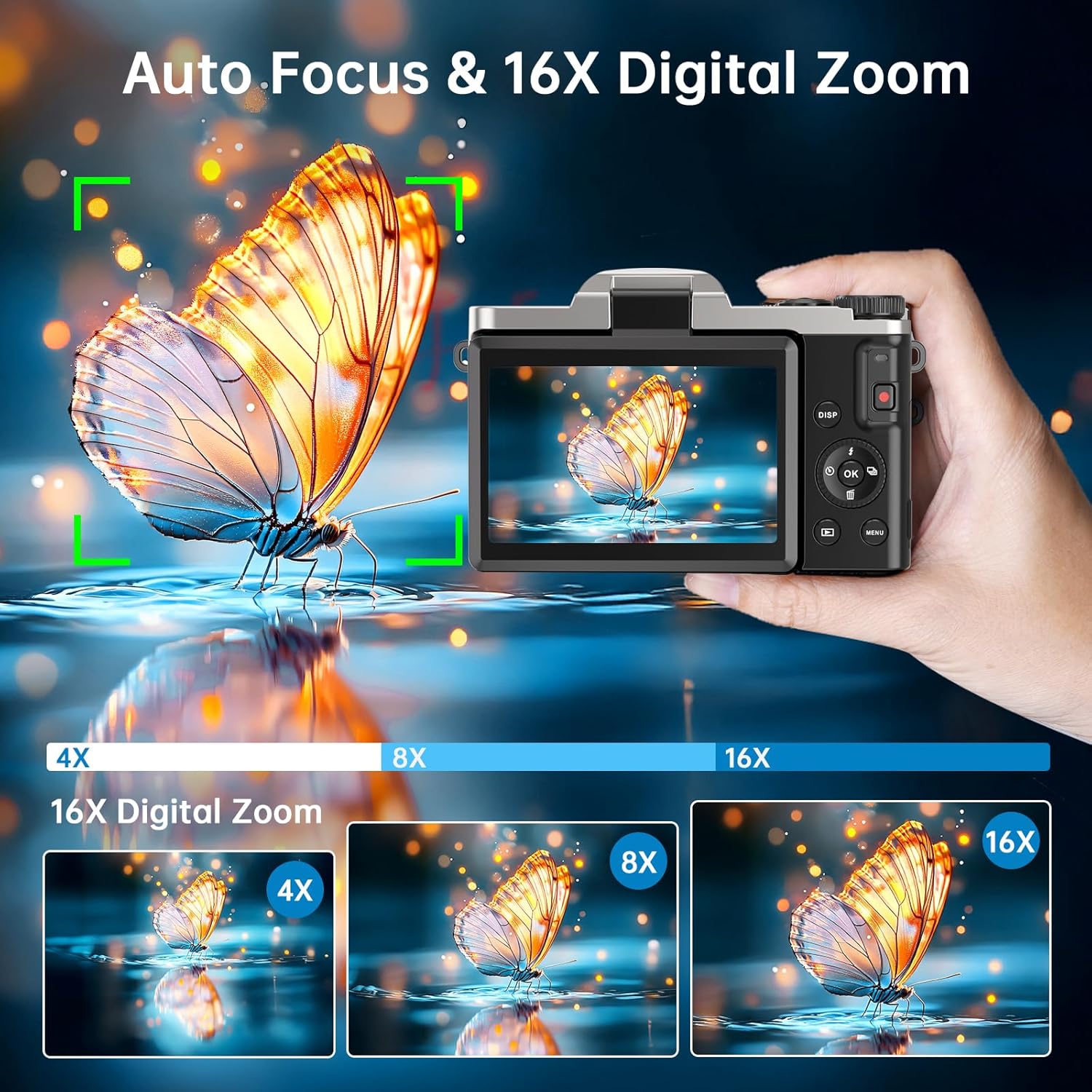 4K Digital Camera for Photography with WiFi, 2025 Latest Auto-Focus Vlogging Camera for YouTube Video 3'' 180° Flip Screen Travel Cameras 16X Zoom Anti-Shake 4K Cameras with SD Card, 2 Batteries - Image 4