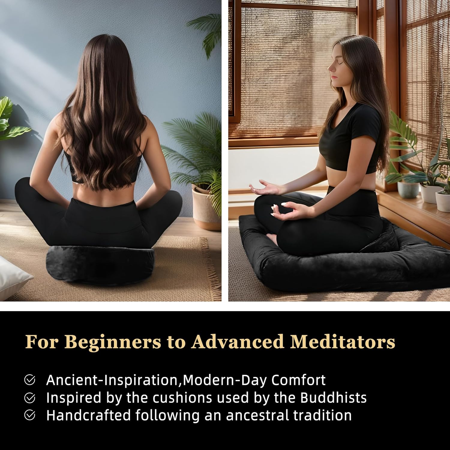 Meditation Zafu Cushion Set with Buckwheat Hulls & Memory Foam - Ergonomic Support for Yoga & Sitting - Removable Machine-Washable Luxury Velvet Cover - for Adults and Kids (Black) - Image 4