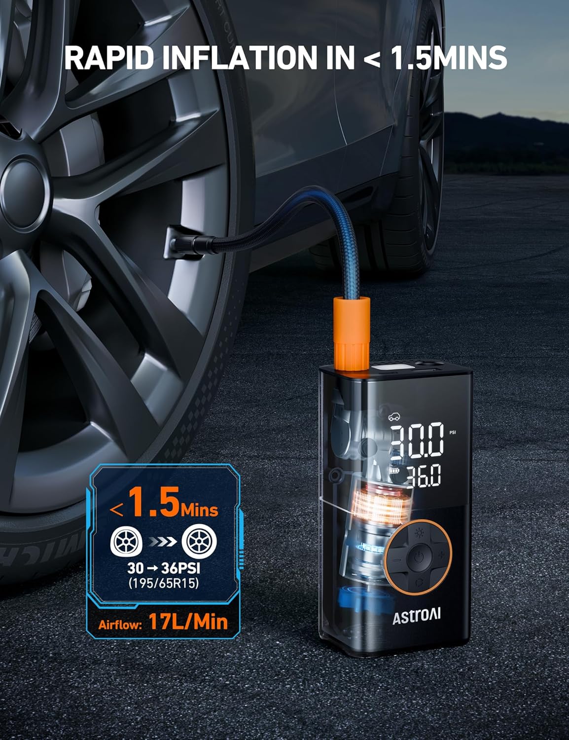 AstroAI L7 Tire Inflator Portable Air Compressor Cordless Mini Bike Pump with Digital Dual Values Display, 150 PSI Car Tires Air Pump with LED Lights&Pressure Gauge for Auto, Motorcycles, Bikes, Balls - Image 4