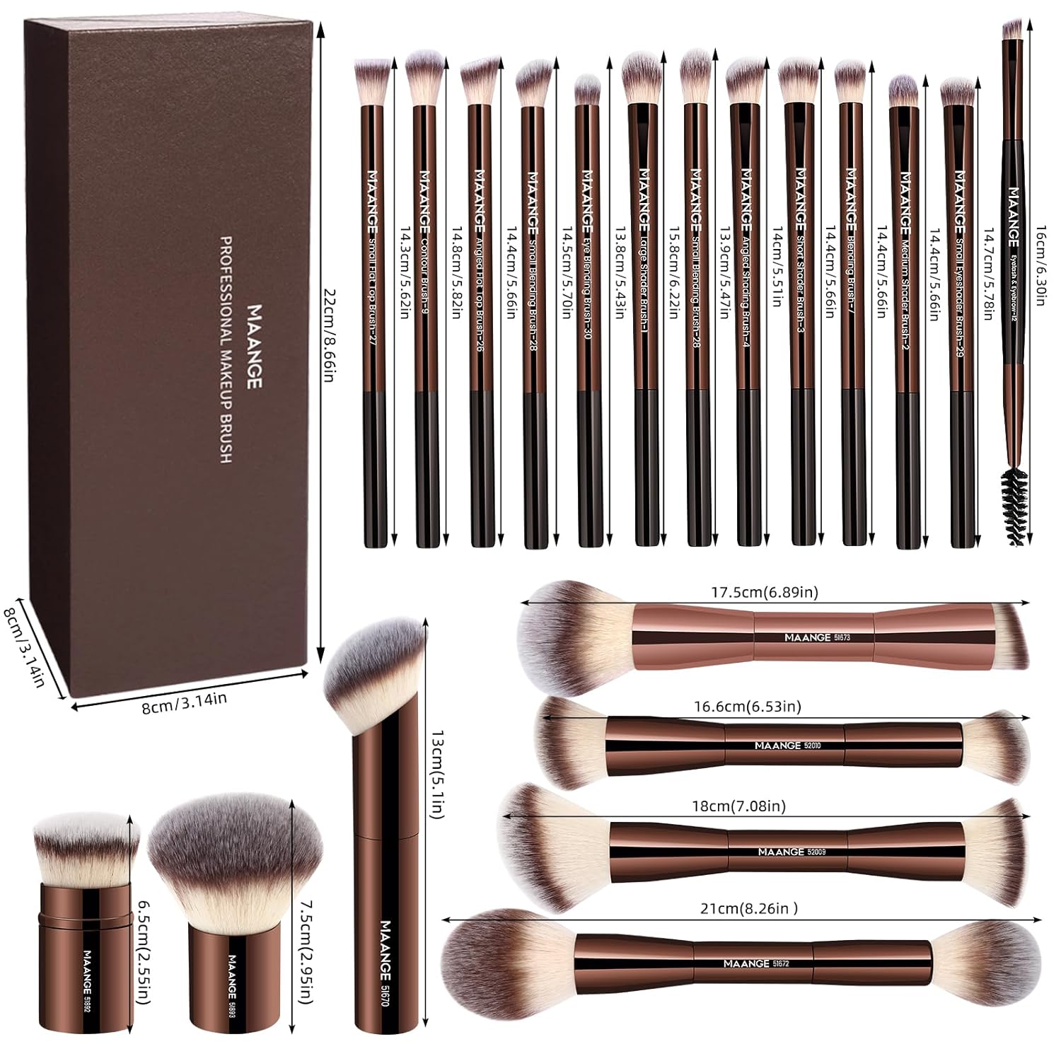 MAANGE 20 Pcs Makeup Brushes with Gift Box, Double-End Multi-functional Makeup Brushes for Blending Liquid Powder Concealer Cream Blush Buffe,CoffeeBrown - Image 7