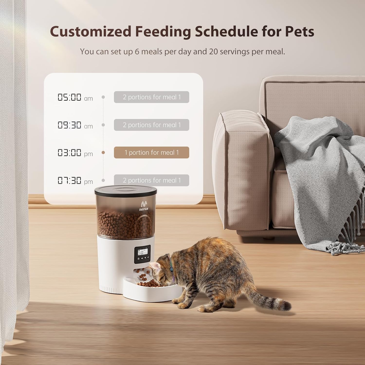 IMIPAW Automatic Cat Feeders, 3L Timed Cat Dry Food Dispenser with Desiccant Bags, Dual Power Supply, Programmable Portion Size, 6 Meals, 20 Portions Per Day, Auto Pet Feeder for Cats and Small Dogs - Image 2