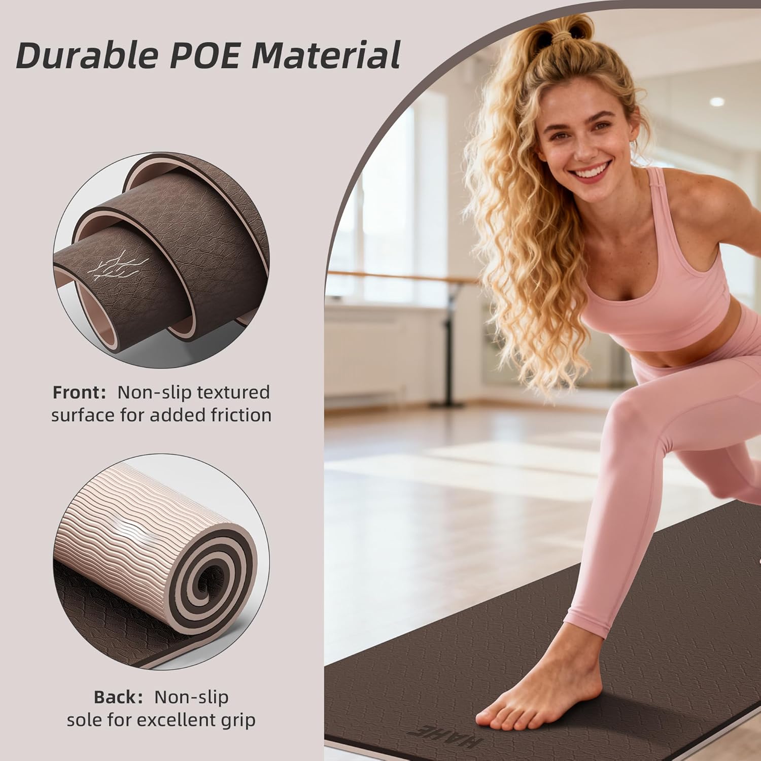 HAHE Yoga Mat Thick, 72"x32"x0.4"Th (10mm), Wide Non-Slip Exercise Mat with Carry Strap, Double-Sided POE Fitness Mat for Yoga, Pilates & Floor Workouts - Image 3