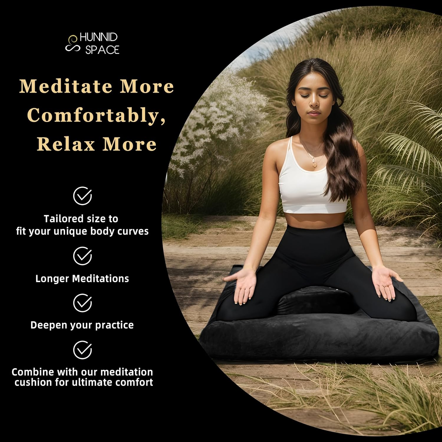 Meditation Zafu Cushion Set with Buckwheat Hulls & Memory Foam - Ergonomic Support for Yoga & Sitting - Removable Machine-Washable Luxury Velvet Cover - for Adults and Kids (Black) - Image 3