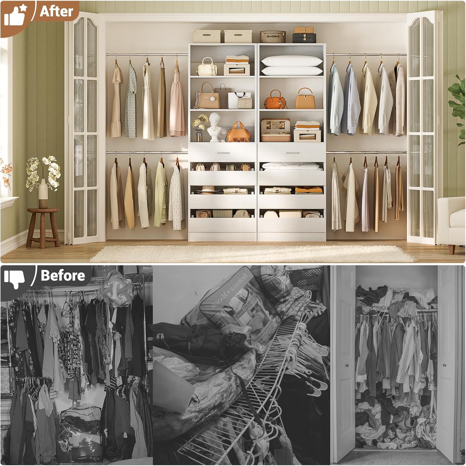 Aheaplus Closet System, 6-15Ft Closet Organizer with 8 Wooden Drawers, Wood Closet Organizer System with Tower, Walk-in Closet Organizer Wardrobe Clothes Rack with 4 Hanging Rods, Garment Rack, White - Image 5