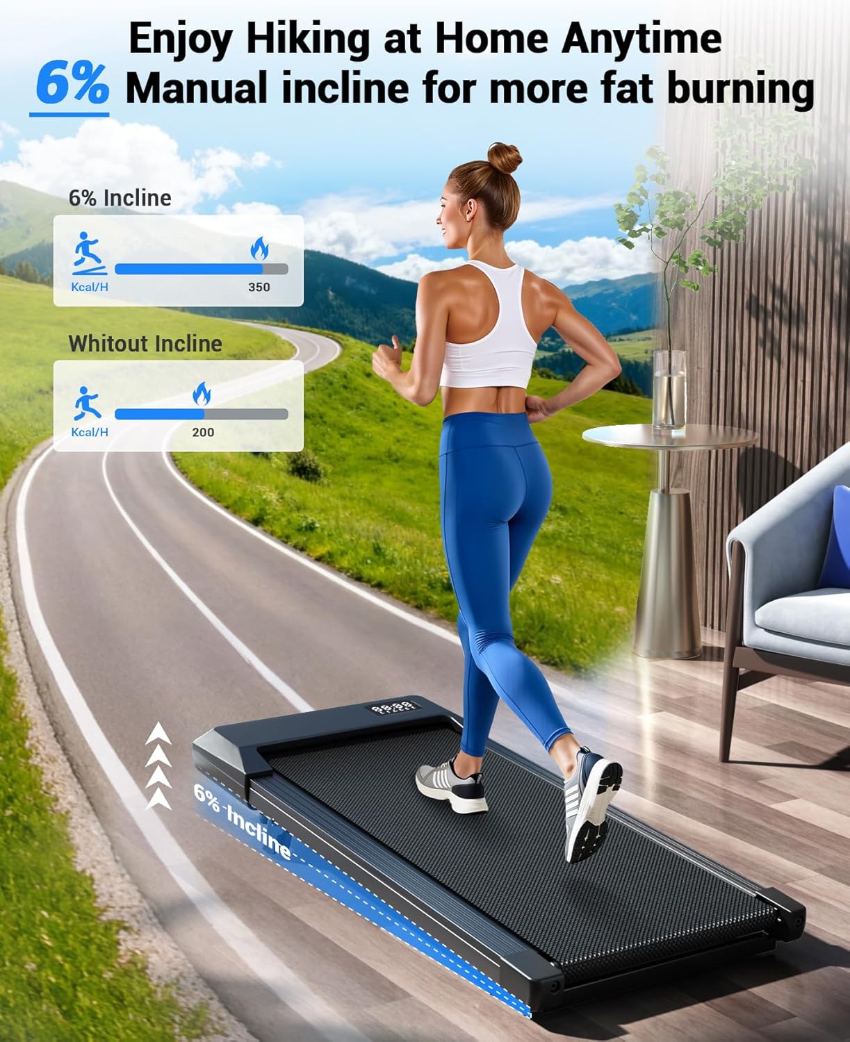 DeerRun Walking Pad Treadmill with 6% Manual Incline, Under Desk Treadmill for Home Office & Small Spaces, 0.6–3.8 MPH, 2.5 HP, 300 lb Capacity, App & Remote Control - Image 5