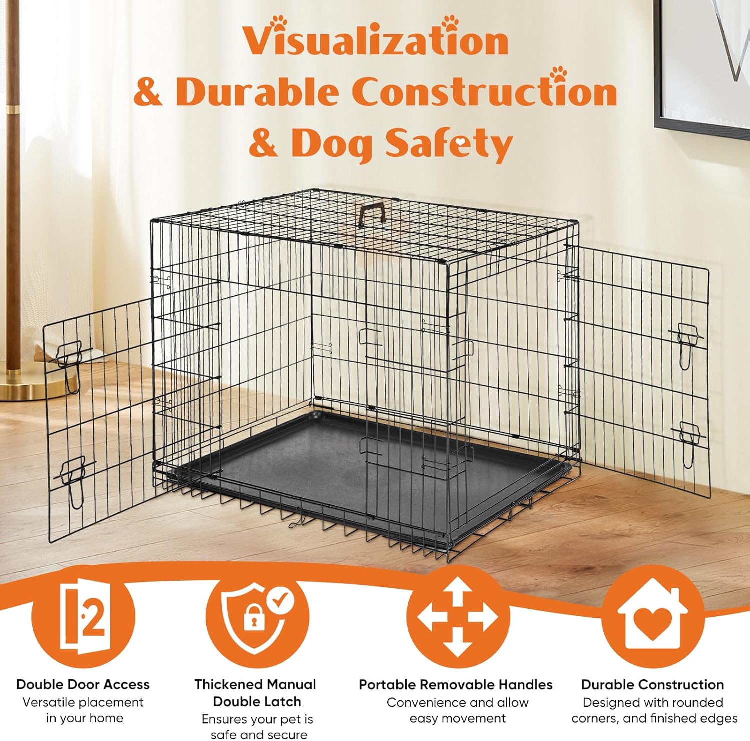 Sweetcrispy Large Dog Crate, 36 Inch Double Door Folding Metal Wire Dog Cage with Plastic Leak-Proof Pan Tray, Pet Kennel for Indoor, Outdoor, Travel - Image 2