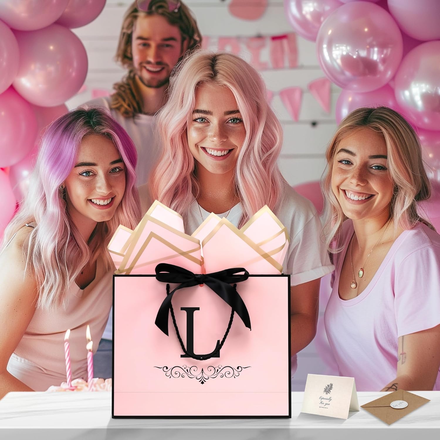 KeerxunBag Personalized Gift Bag, featuring the letter L logo - A pink paper gift bag with a letter pattern, accompanied by a ribbon bow, matching thin paper, and a greeting card set. - Image 6