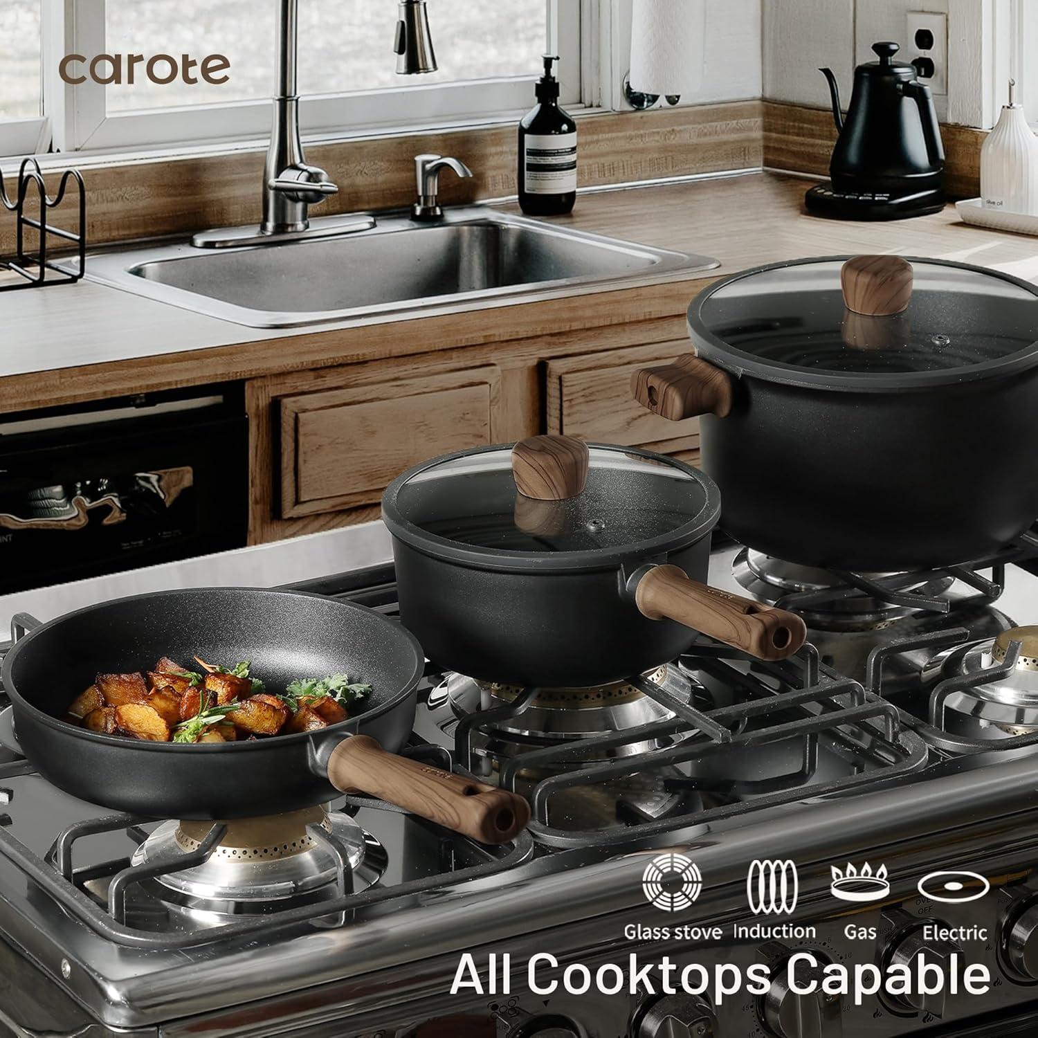 CAROTE 44pcs Nonstick Kitchen Titanium Cookware Sets, Nonstick Pots and Pans, Induction Cookware Set Kitchen Cooking Sets, Non Stick w/Frying Pan,Black - Image 6