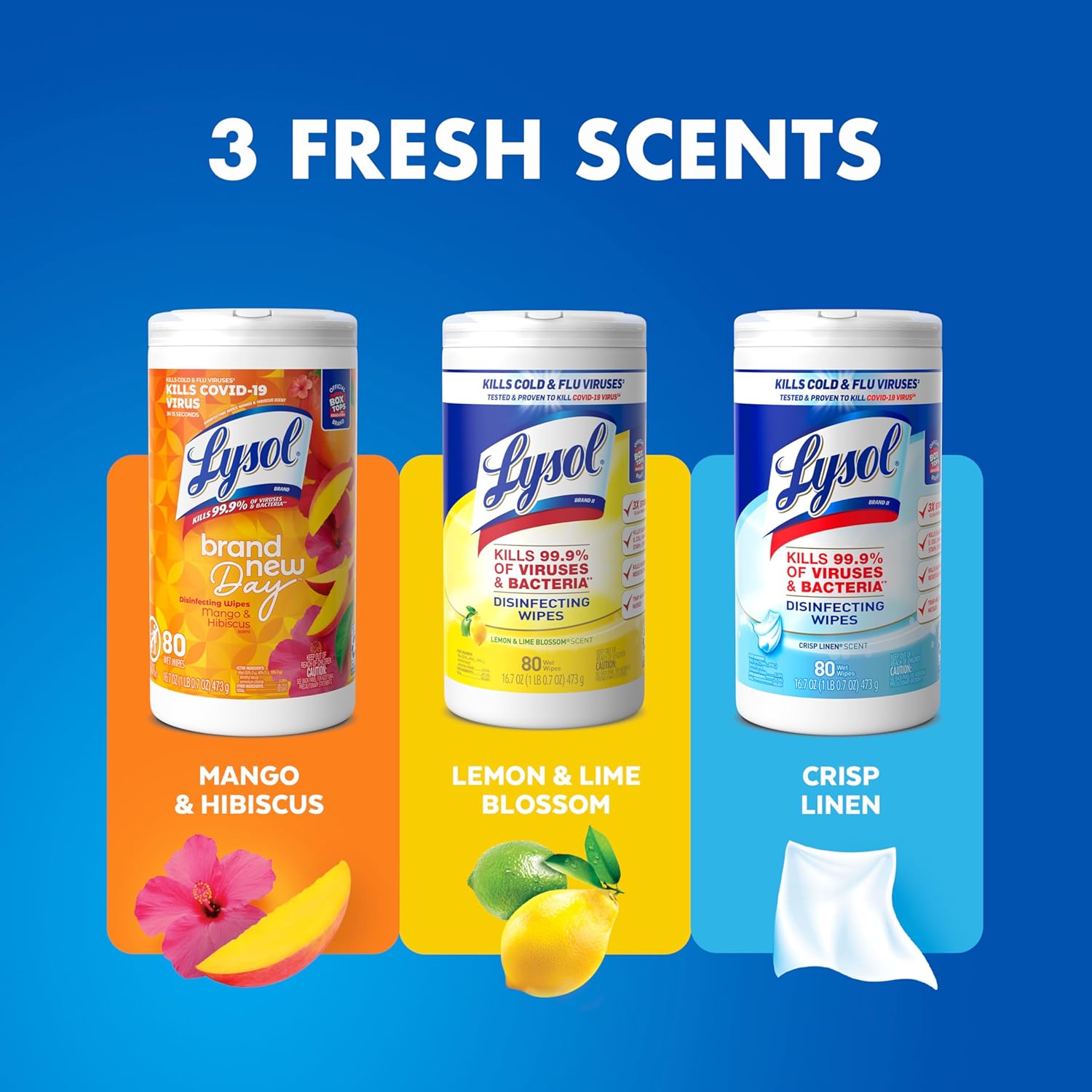 Lysol Disinfectant Wipes Bundle, Dorm Room Essentials, Multi-Surface Cleaning Wipes, For Disinfecting & Cleaning, Lemon & Lime Blossom, Crisp Linen, Mango & Hibiscus, 3x80 ct - Image 2