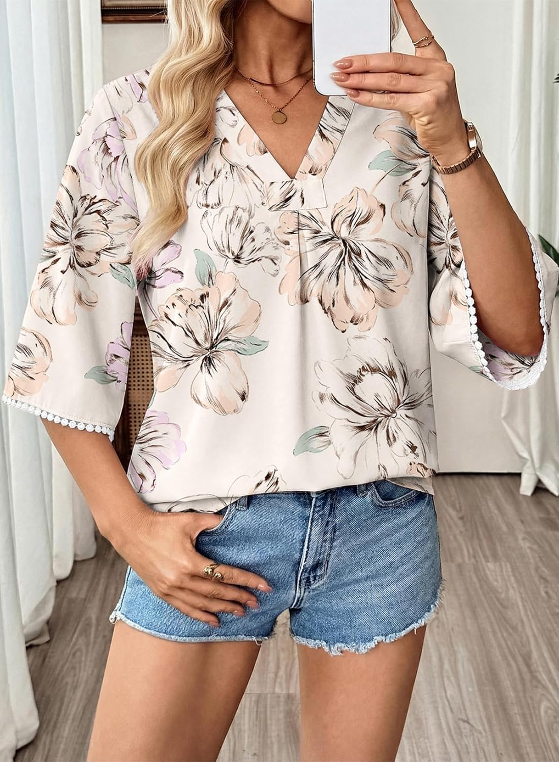 EVALESS Boho Summer Tops for Women Trendy 3/4 Length Sleeve Womens Tops Floral Print V Neck Blouses Spring 2026 Shirts - Image 2