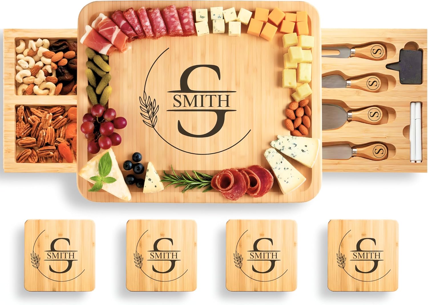Personalized Bamboo Charcuterie Board Set with Accessories – Custom Large Serving Tray with Knives for Wedding, Anniversary, Bridal Shower, Women, Housewarming, Retirement, Couples Gift for Her, Him