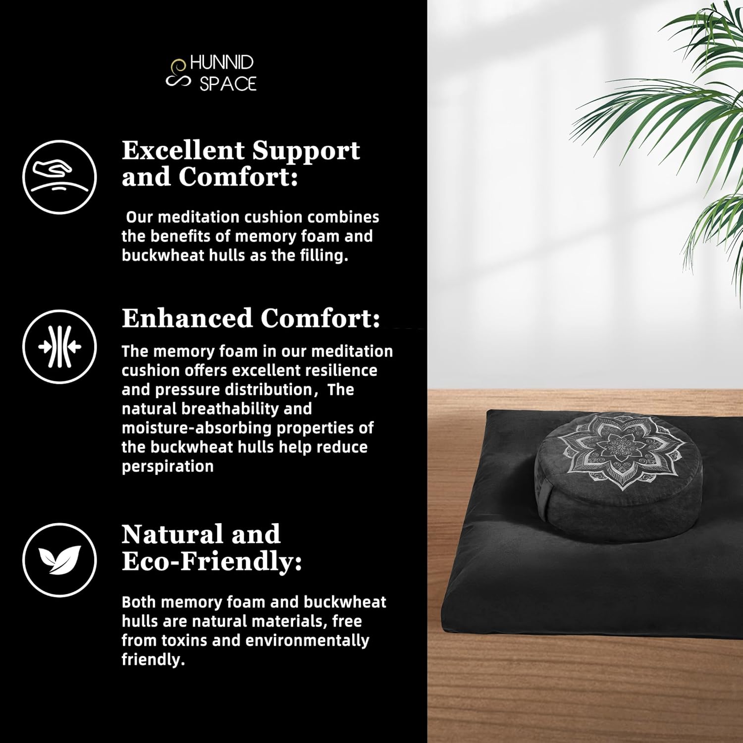 Meditation Zafu Cushion Set with Buckwheat Hulls & Memory Foam - Ergonomic Support for Yoga & Sitting - Removable Machine-Washable Luxury Velvet Cover - for Adults and Kids (Black) - Image 7