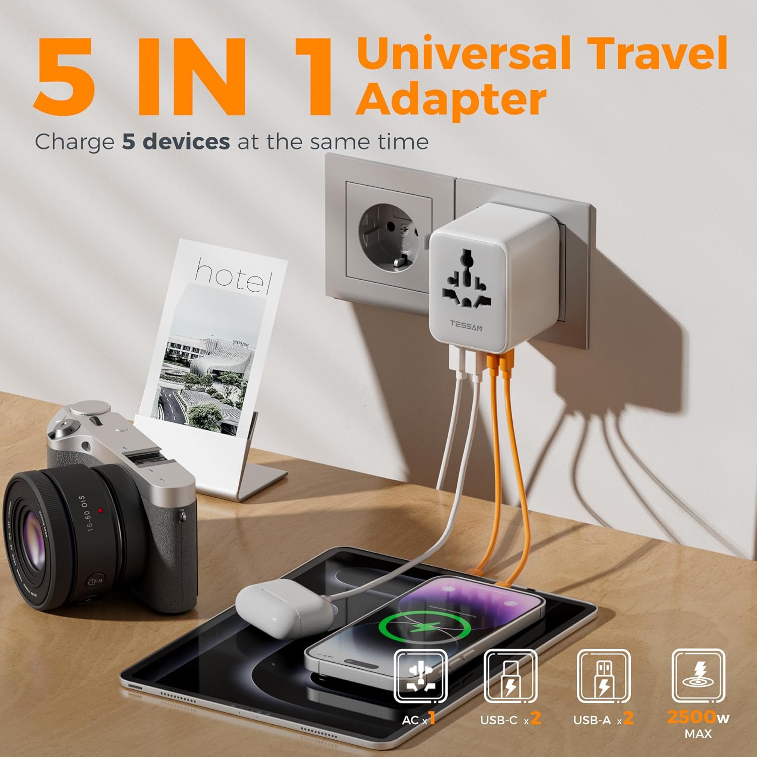 TESSAN Universal Travel Adapter, International Power Adapter with 2 USB C 2 USB A Ports, Travel Plug Adaptor Worldwide for US to Europe UK Italy Ireland Australia France Germany(Type C G A I) - Image 3
