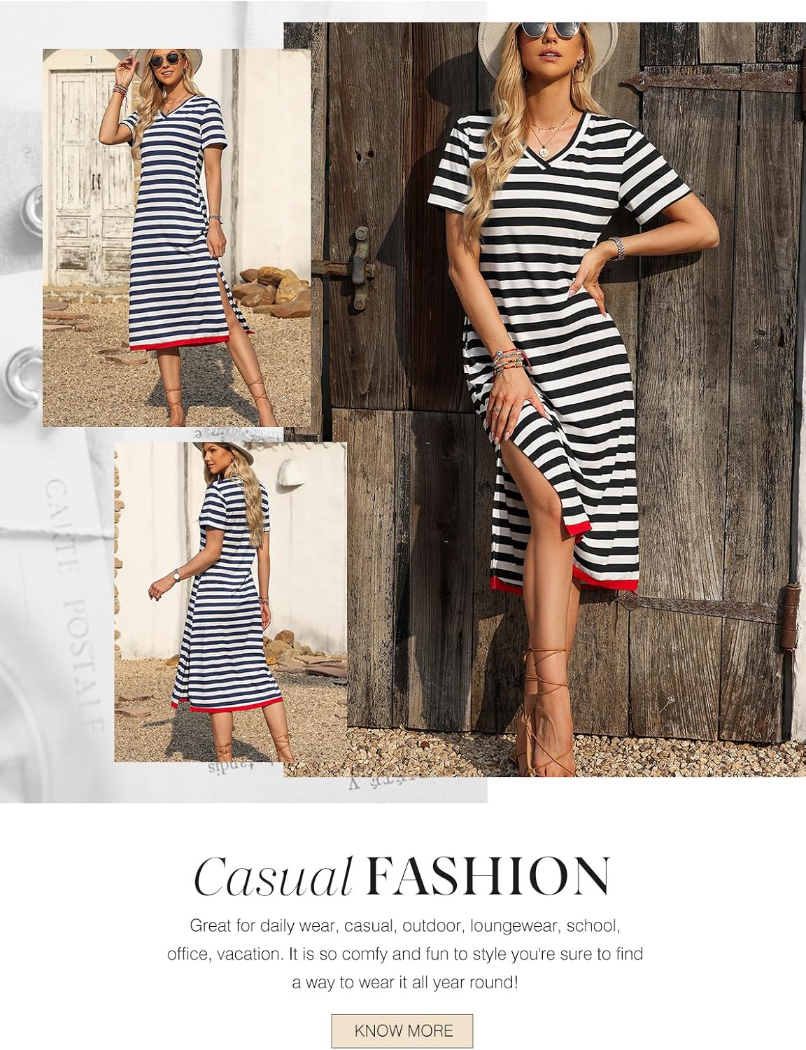 Dokotoo Womens Summer Casual Trendy 2026 Short Sleeve Maxi Dress Striped Split Vacation Color Block T Shirt Dress - Image 4