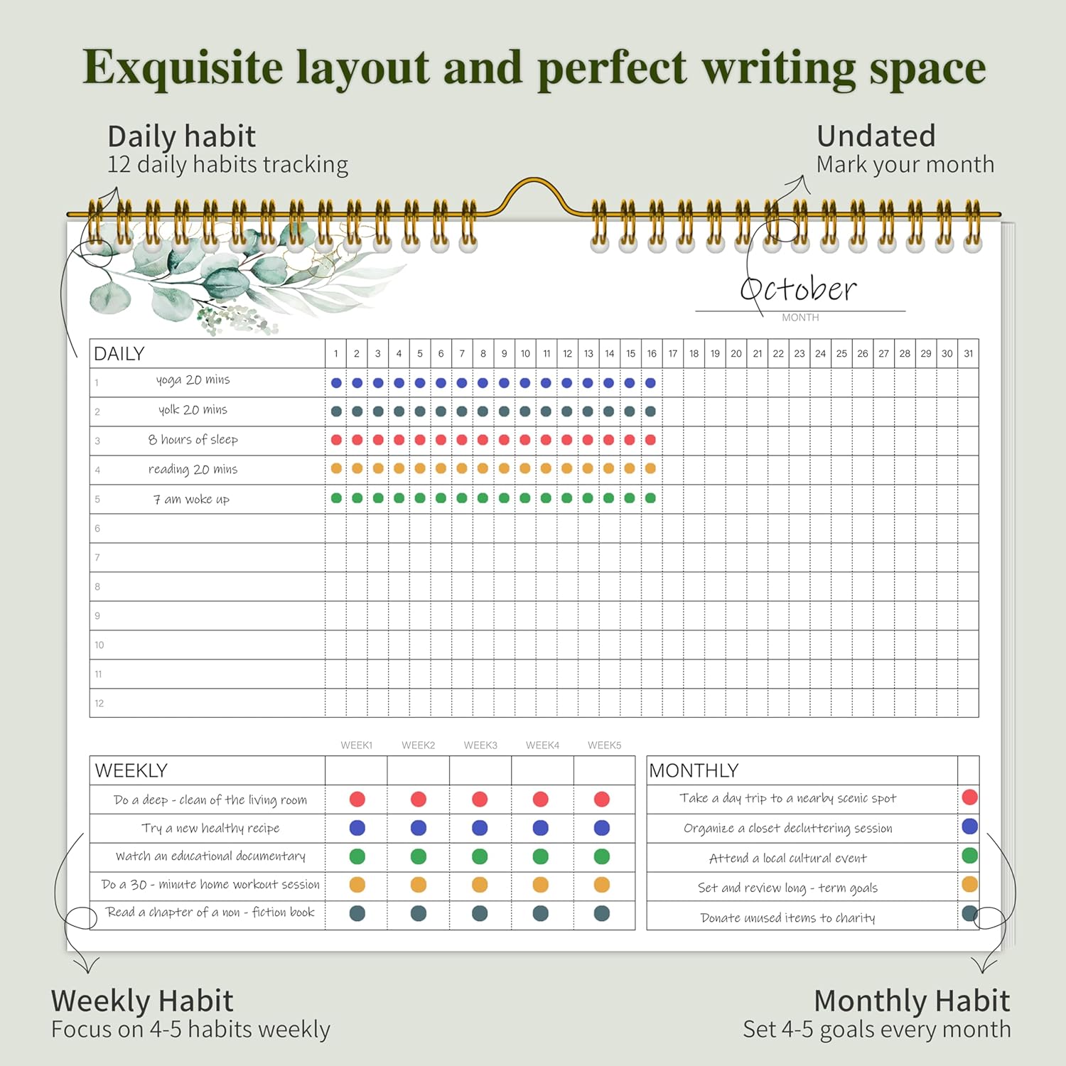 Habit Tracker Calendar,12 Monthly Habit Tracker Journal with Spiral Binding,Undated Weekly Monthly Planner to Boost Productivity&Self Improvement, 8"x10"(Green) - Image 3